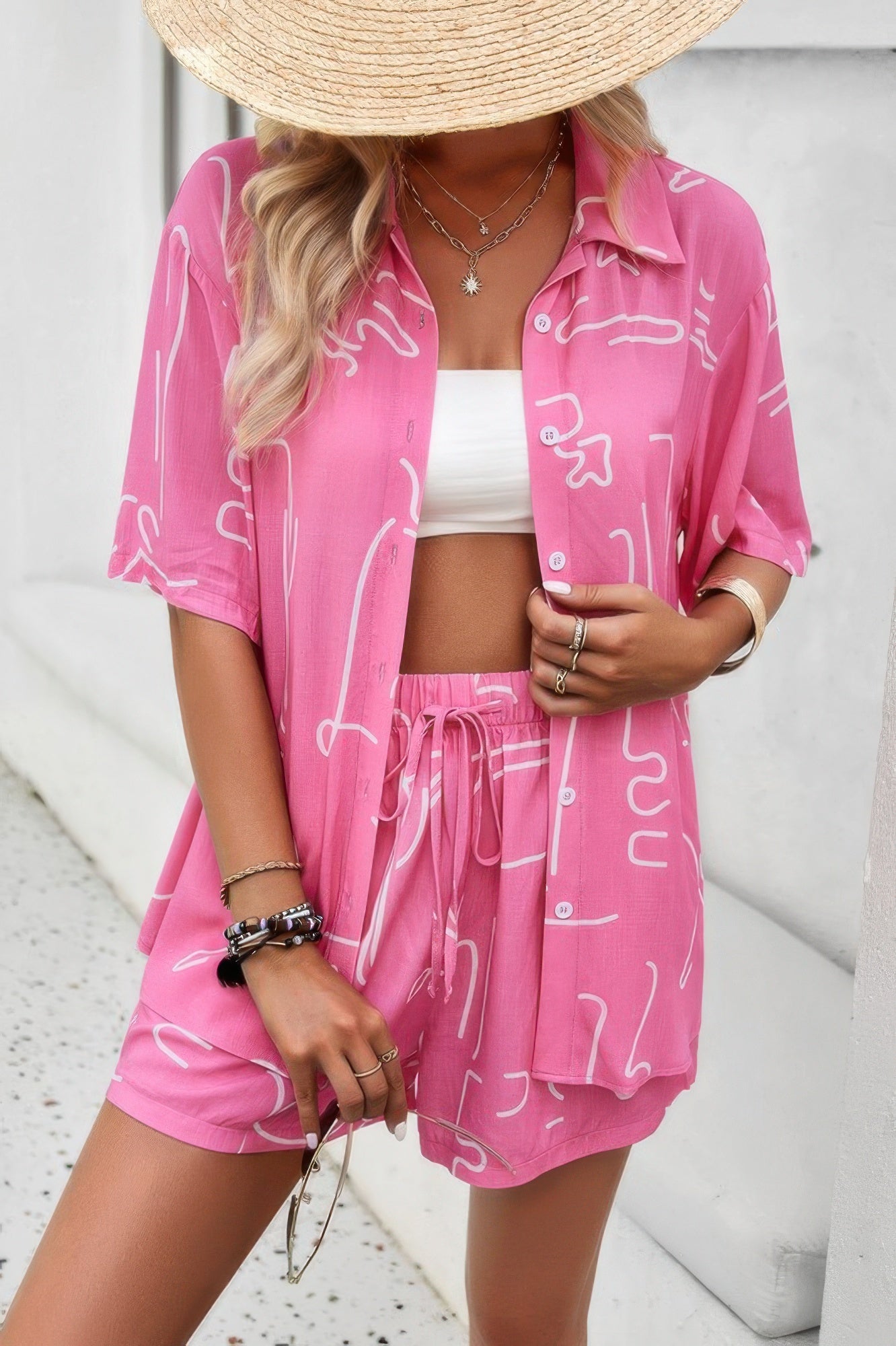 Allover Print Elastic Shorts Two Pieces Button Set - Tigbul's Variety Fashion Shop