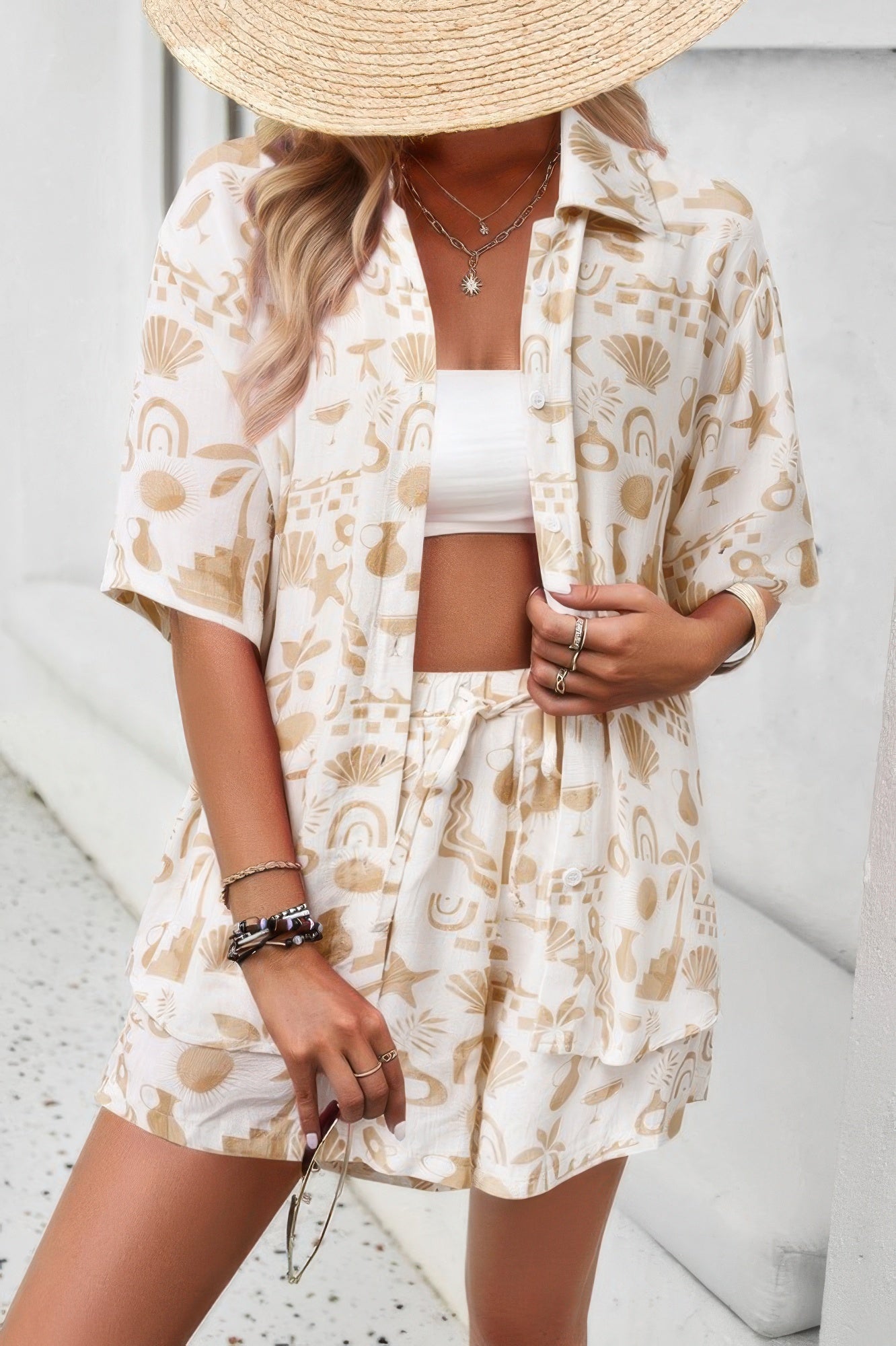 Allover Print Elastic Shorts Two Pieces Button Set - Tigbul's Variety Fashion Shop