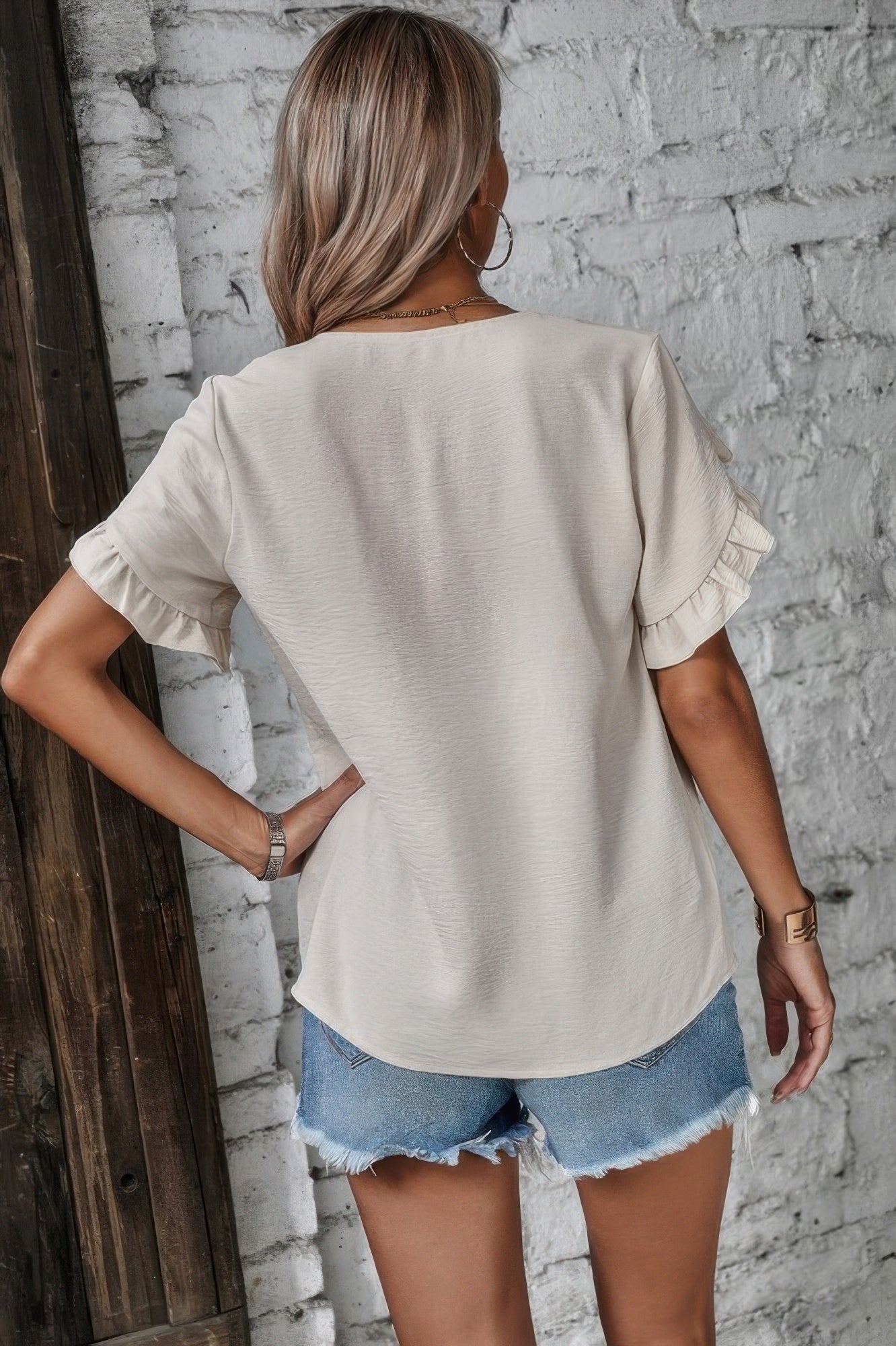 Solid Button V Neck Ruffle Sleeves Blouse - Tigbul's Variety Fashion Shop