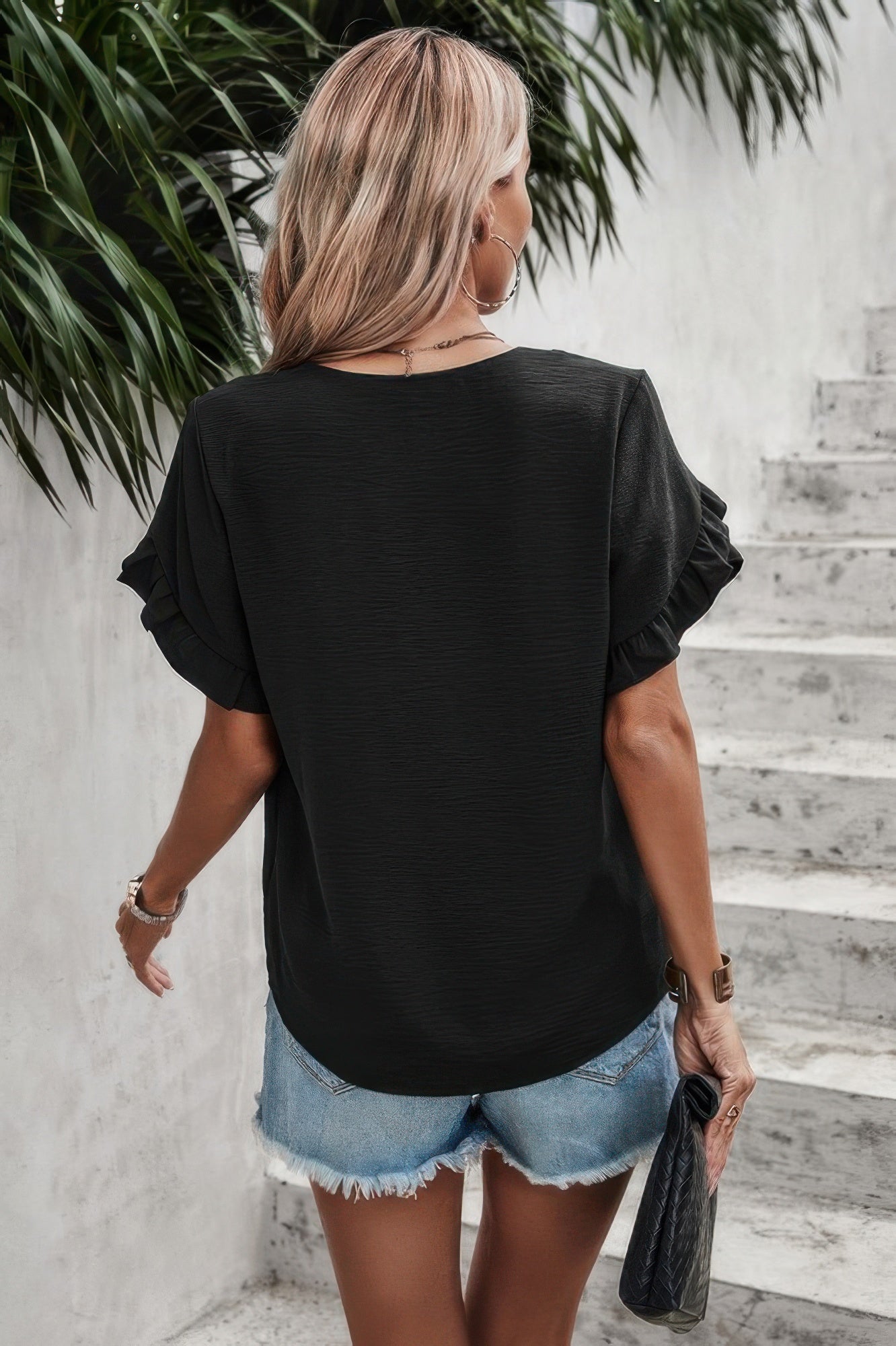 Solid Button V Neck Ruffle Sleeves Blouse - Tigbul's Variety Fashion Shop
