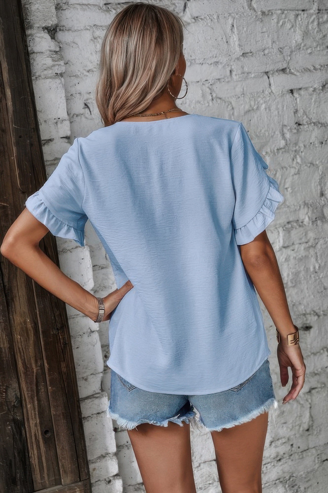 Solid Button V Neck Ruffle Sleeves Blouse - Tigbul's Variety Fashion Shop
