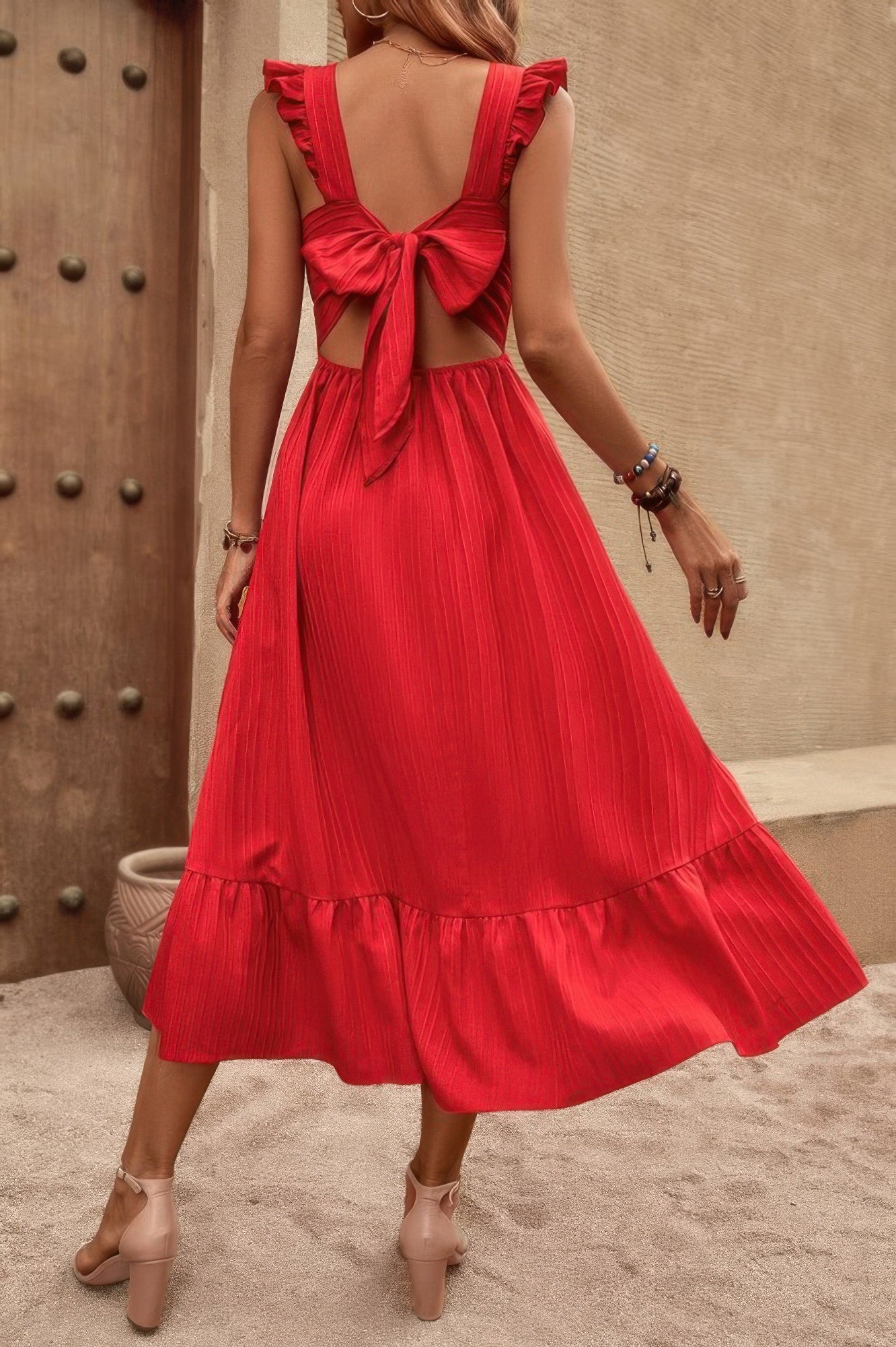 Sleeveless Ruffle Cross Open Back Knot Fit Dress - Tigbul's Variety Fashion Shop