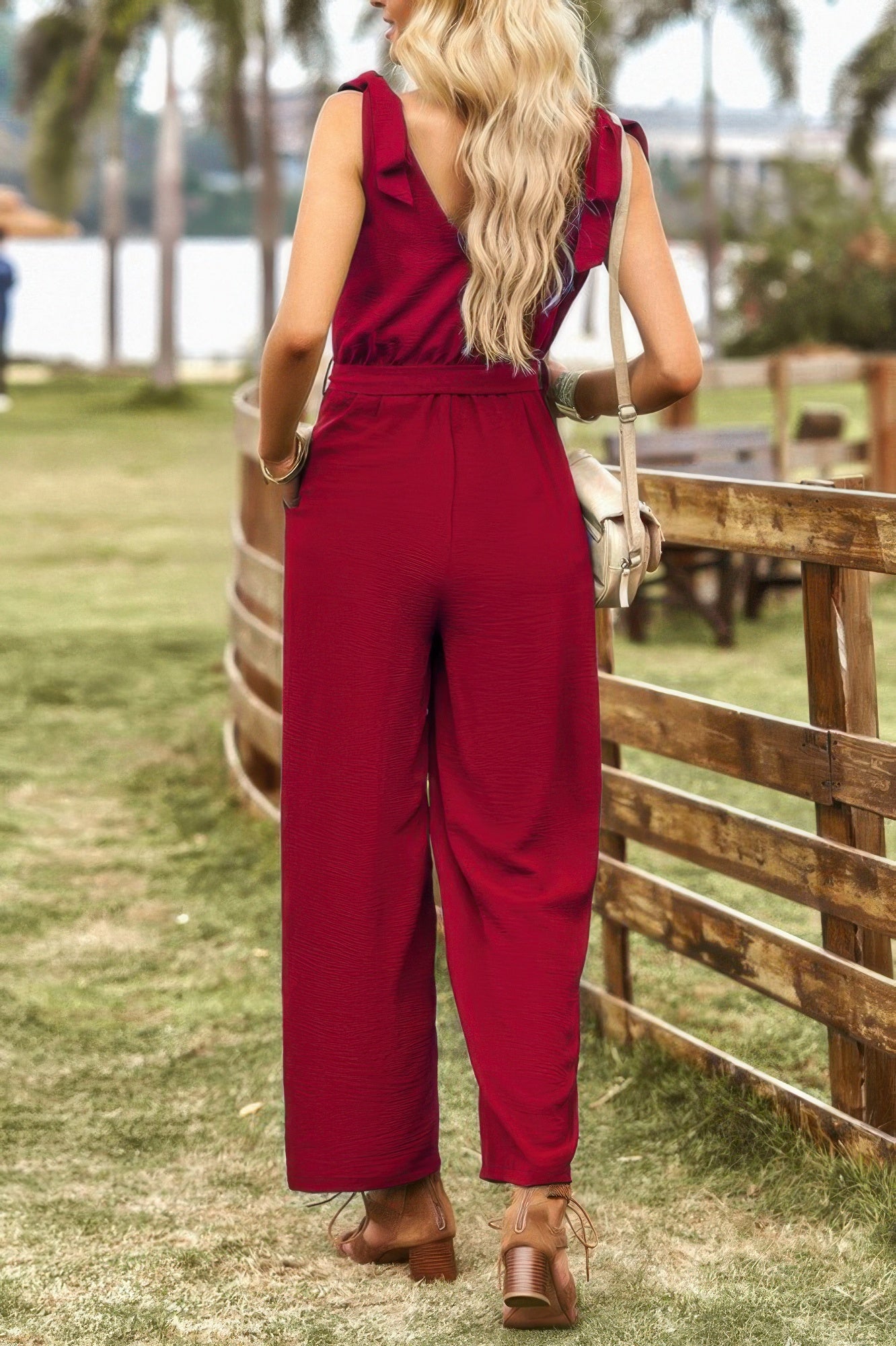 Solid V Neck Knot Shoulder Sleeveless Ruched Belt - Tigbul's Variety Fashion Shop
