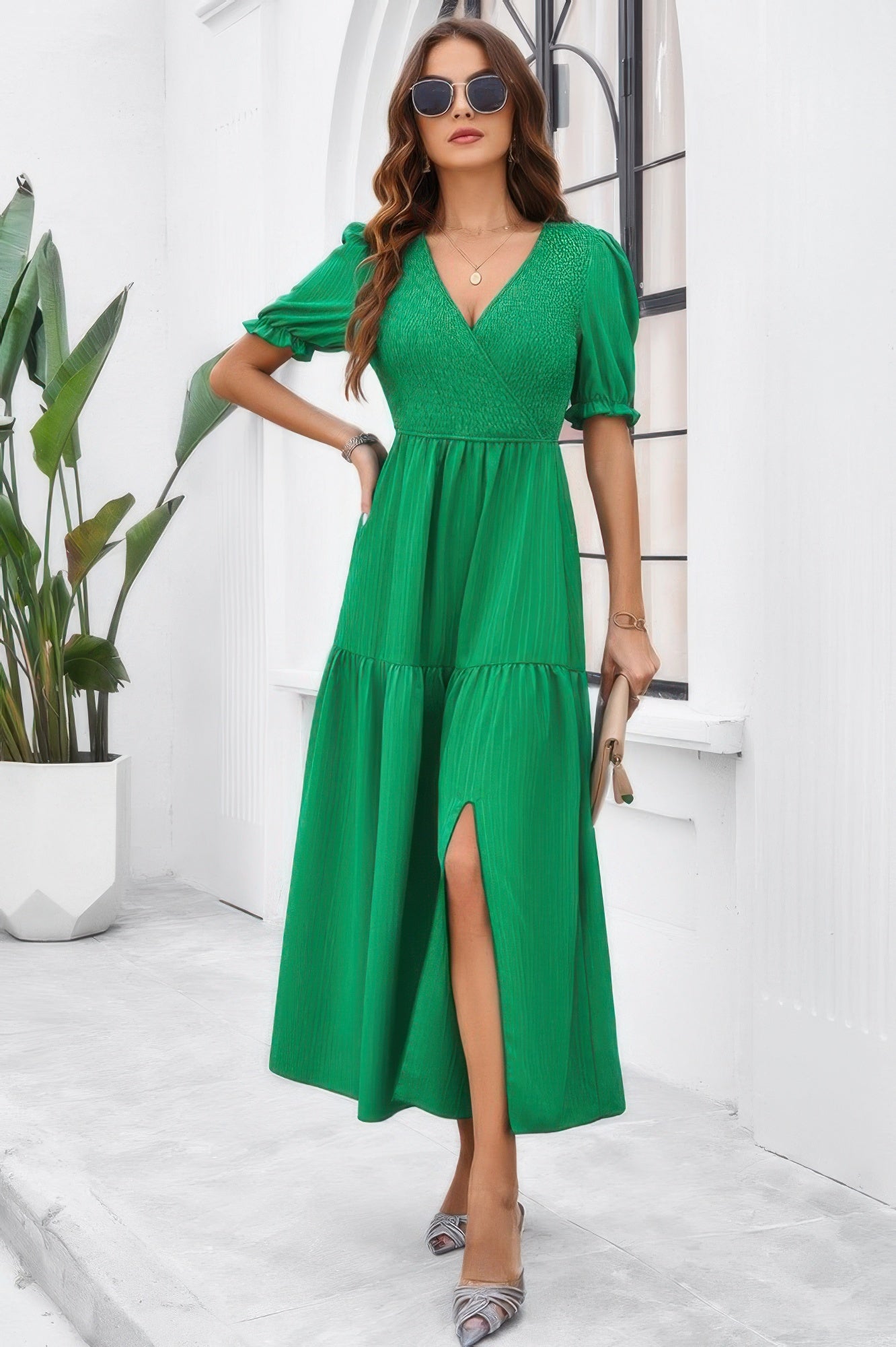 Solid V Neck Ruched High Waist Puff Sleeve Dress - Tigbul's Variety Fashion Shop