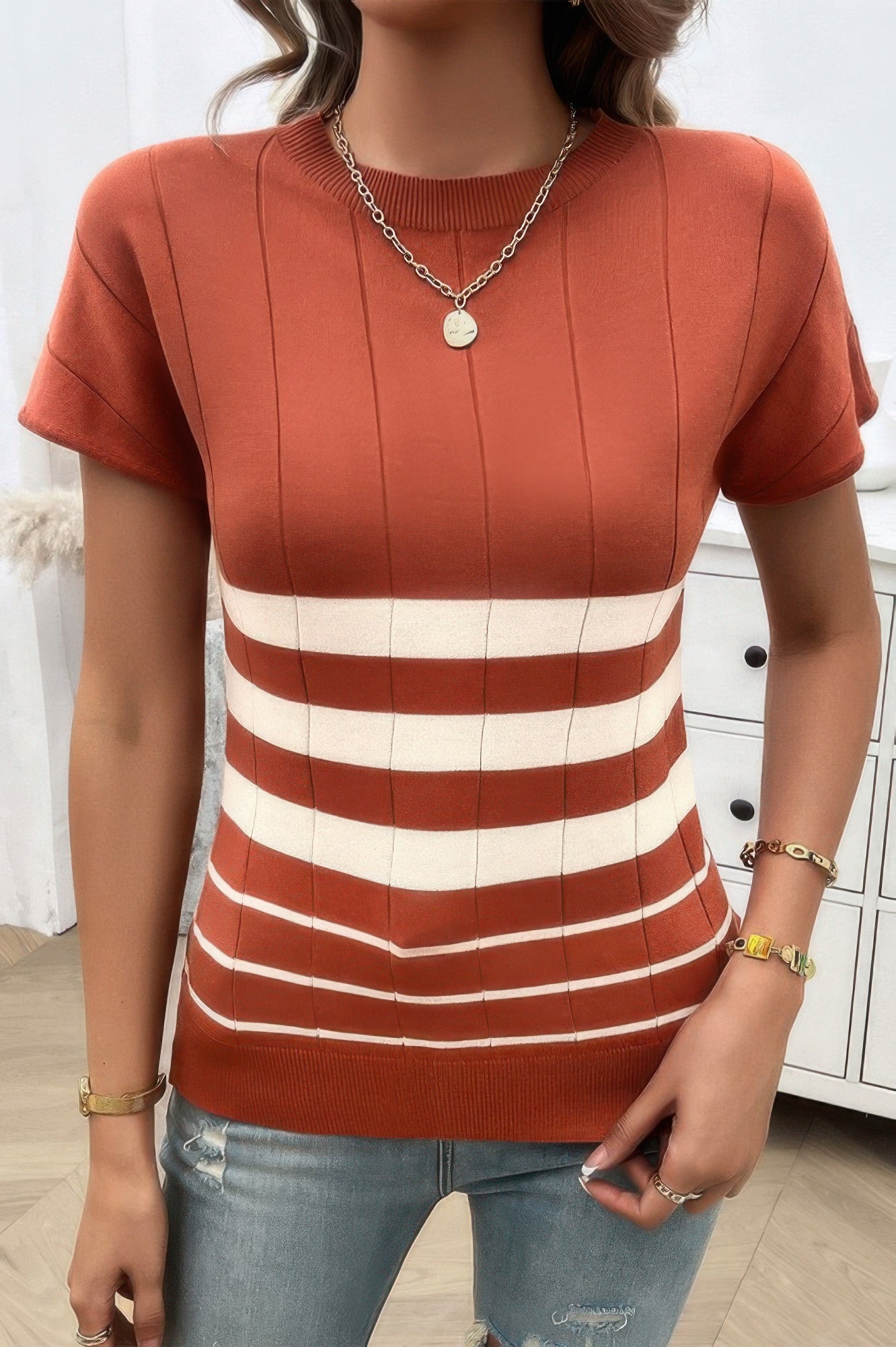 Round Neck Strip Knit Fit Short Sleeve Top - Tigbul's Variety Fashion Shop