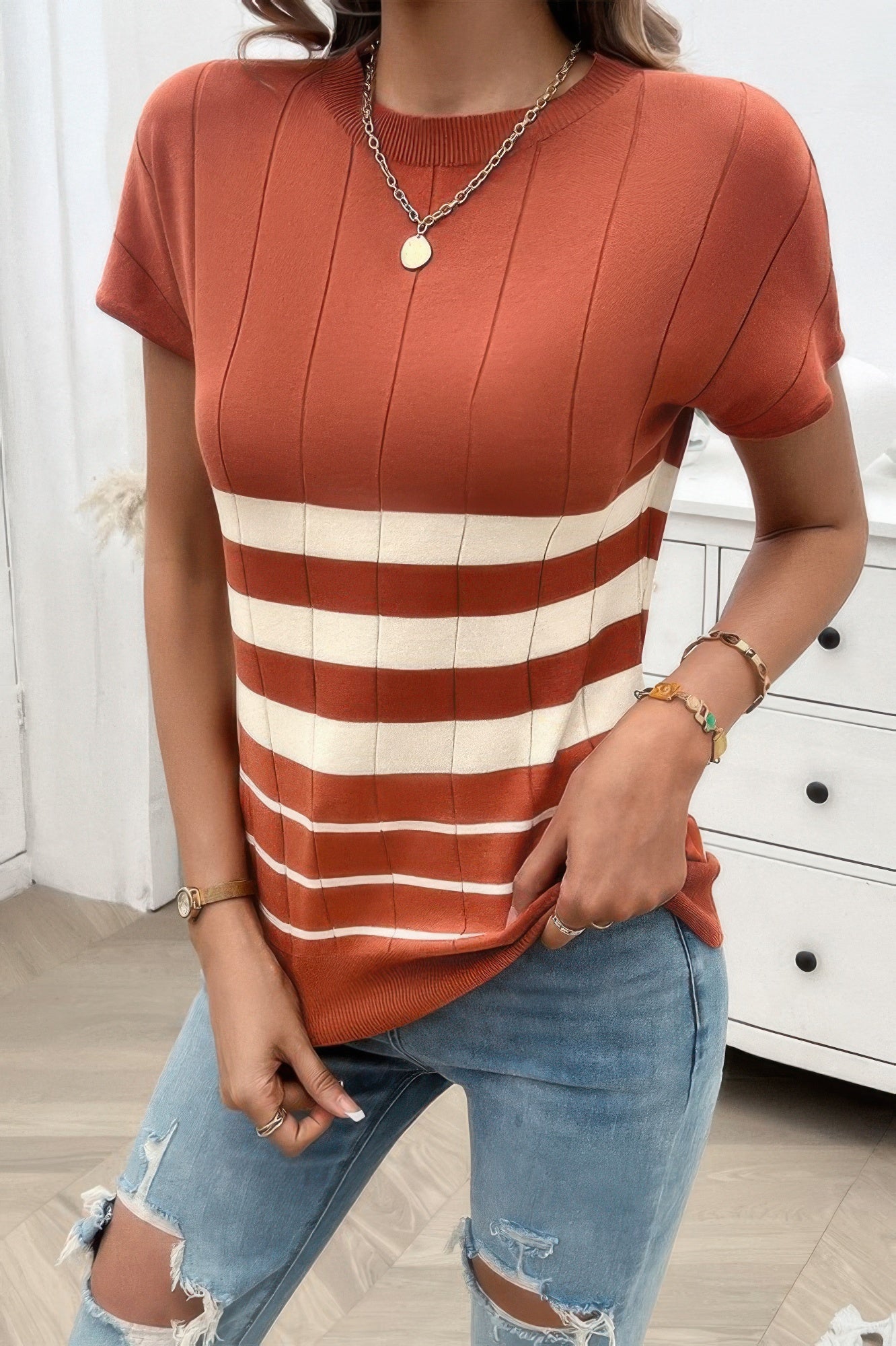 Round Neck Strip Knit Fit Short Sleeve Top - Tigbul's Variety Fashion Shop