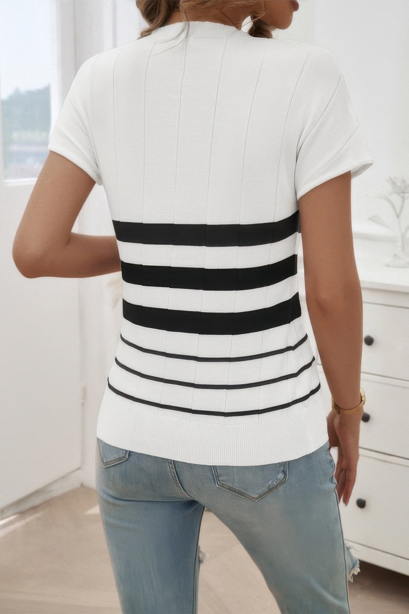 Round Neck Strip Knit Fit Short Sleeve Top - Tigbul's Variety Fashion Shop