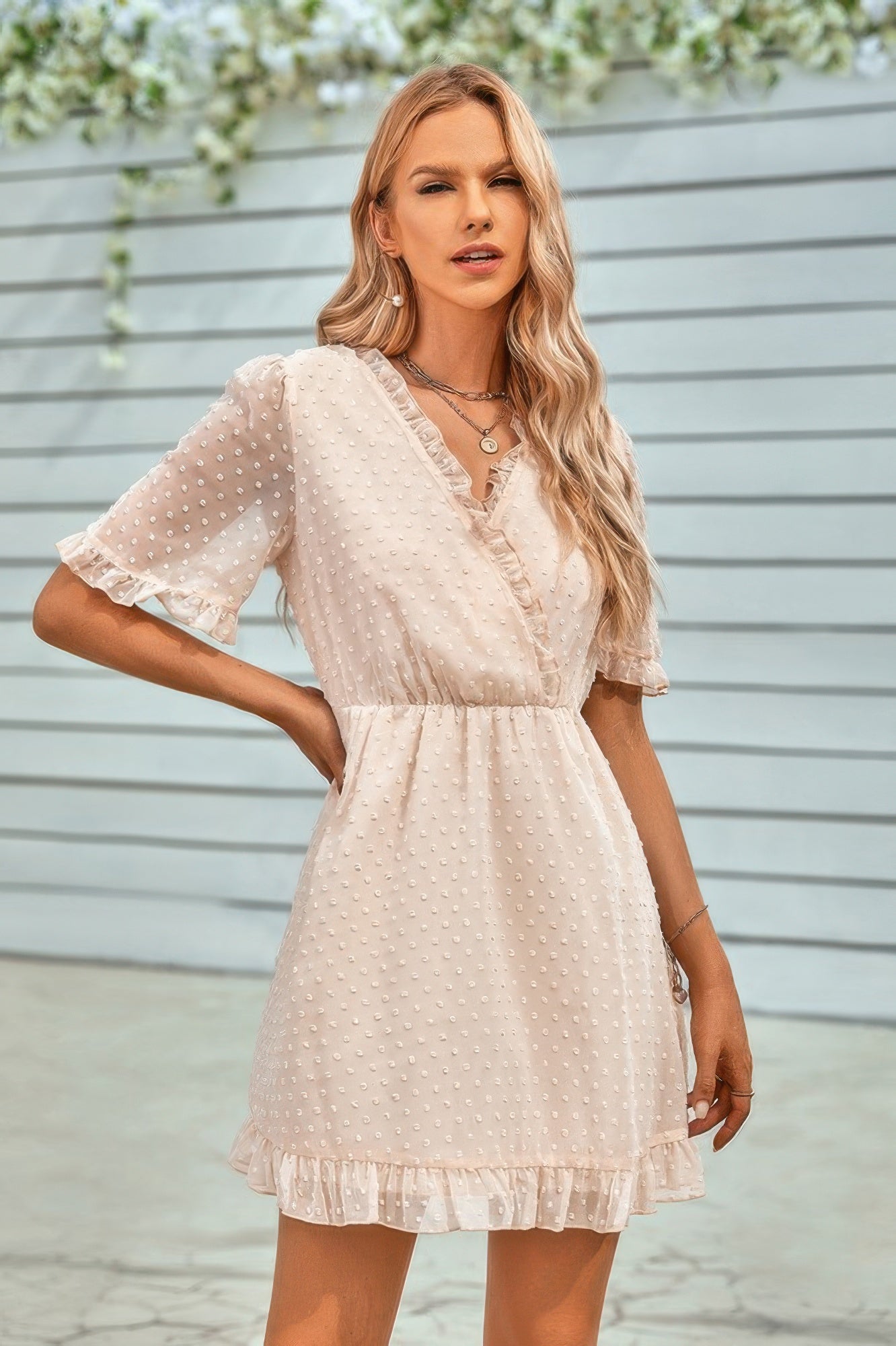 Swiss Dot Frill Trim Puff Sleeve Surplice Dress - Tigbul's Variety Fashion Shop