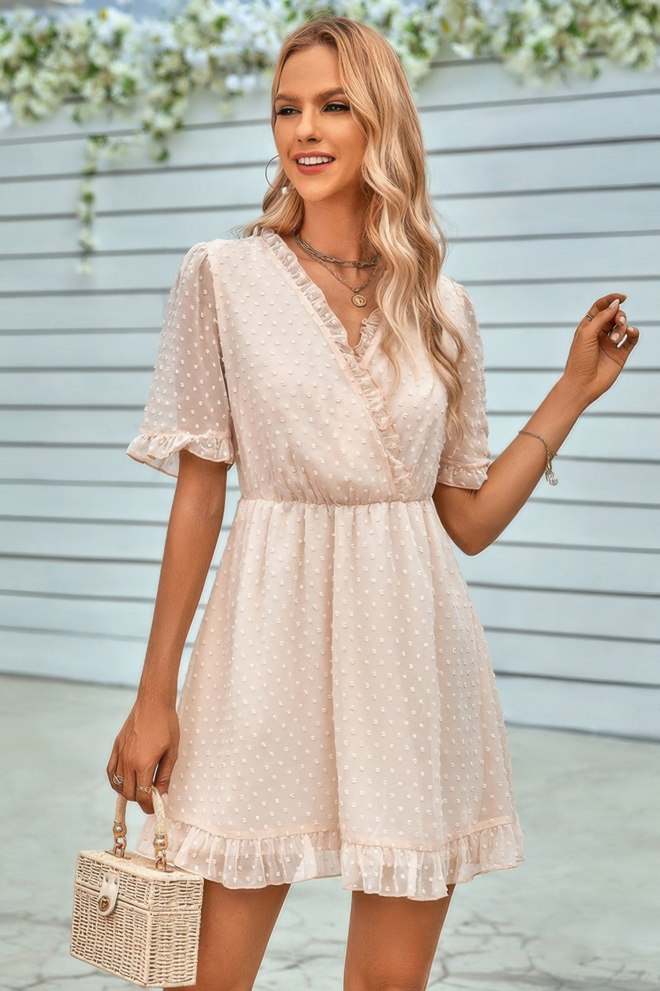 Swiss Dot Frill Trim Puff Sleeve Surplice Dress - Tigbul's Variety Fashion Shop