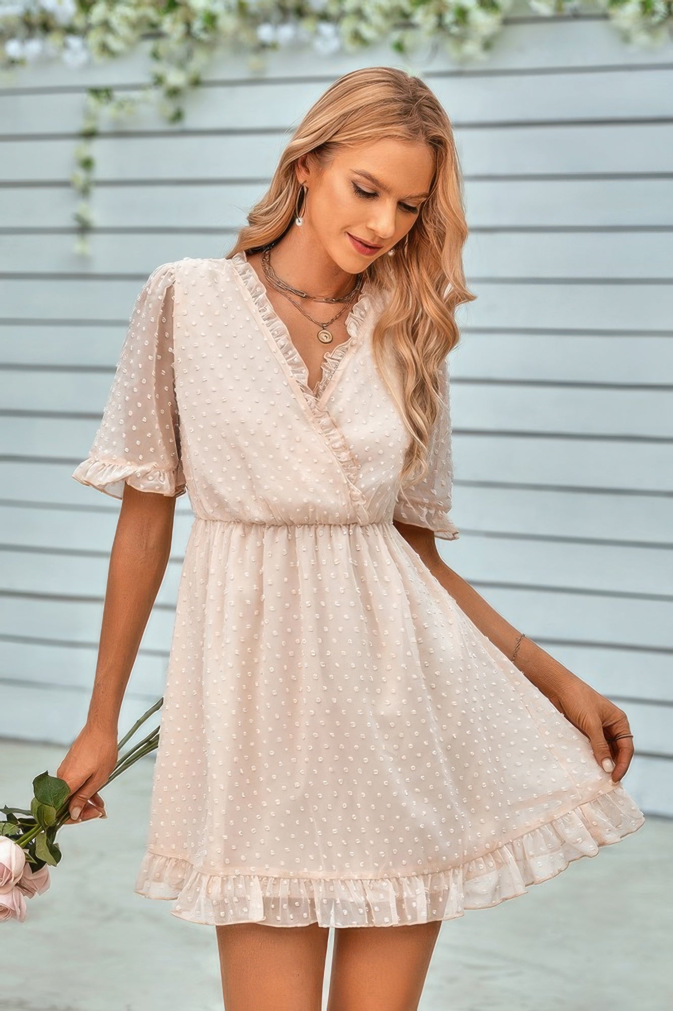 Swiss Dot Frill Trim Puff Sleeve Surplice Dress - Tigbul's Variety Fashion Shop