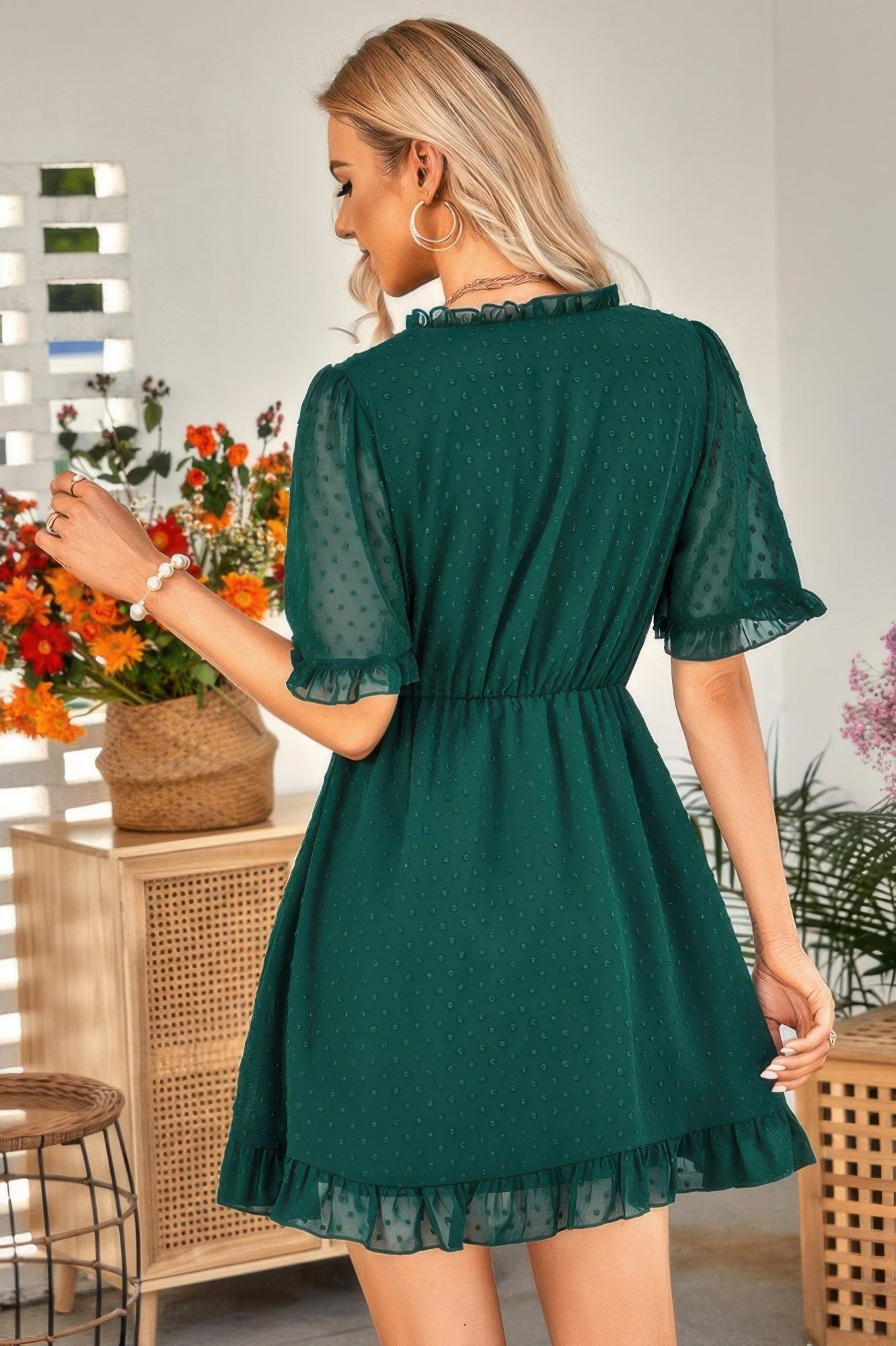 Swiss Dot Frill Trim Puff Sleeve Surplice Dress - Tigbul's Variety Fashion Shop