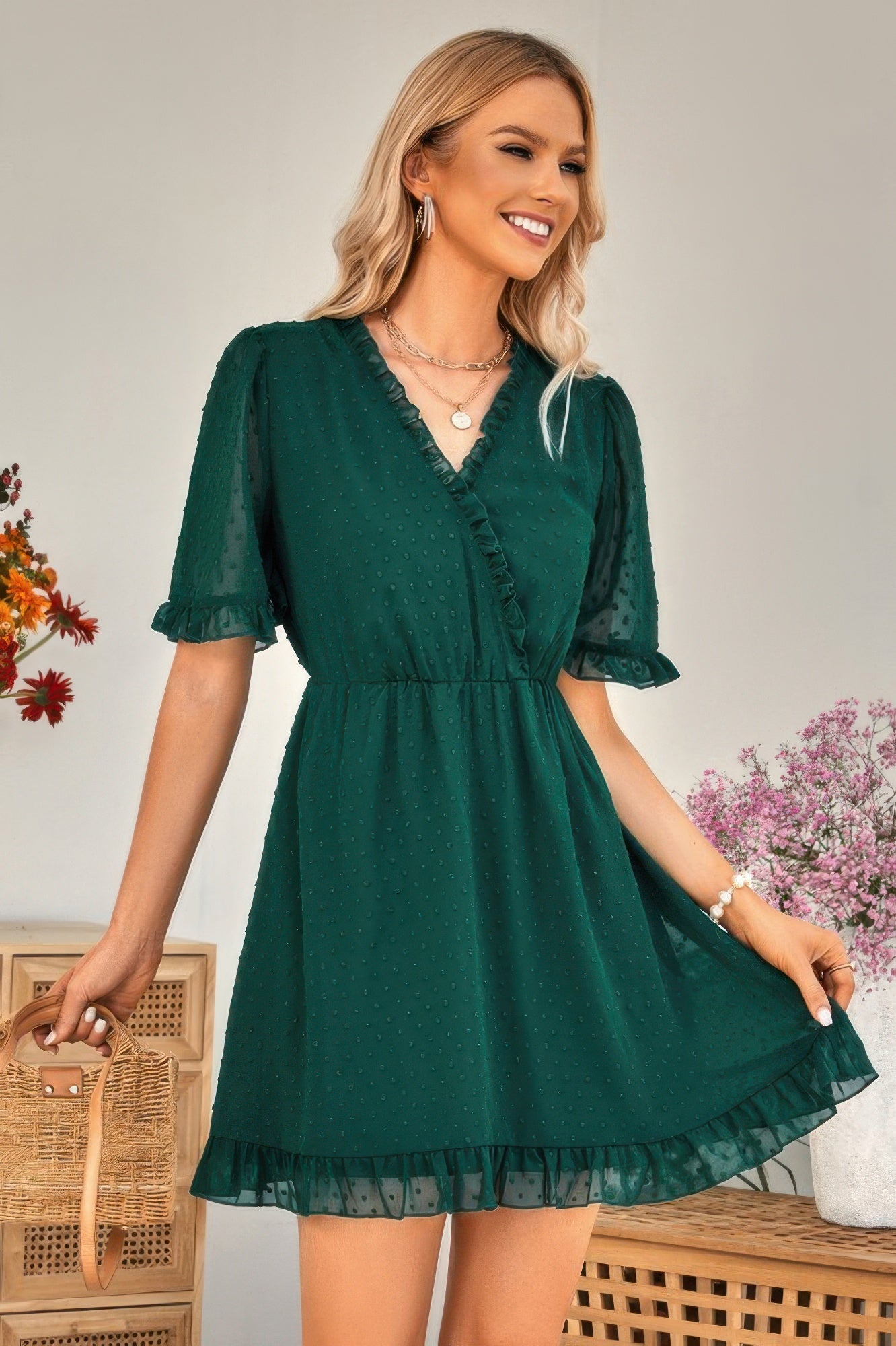 Swiss Dot Frill Trim Puff Sleeve Surplice Dress - Tigbul's Variety Fashion Shop