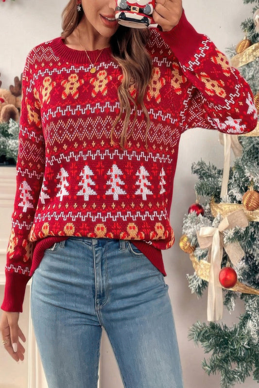 Knit Christmas Print Round Neck Loose Fit Sweater - Tigbul's Variety Fashion Shop