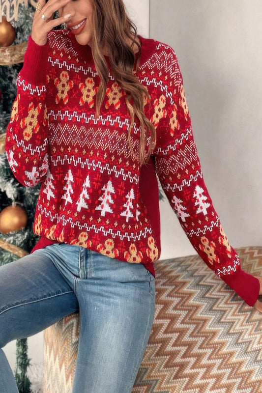 Knit Christmas Print Round Neck Loose Fit Sweater - Tigbul's Variety Fashion Shop
