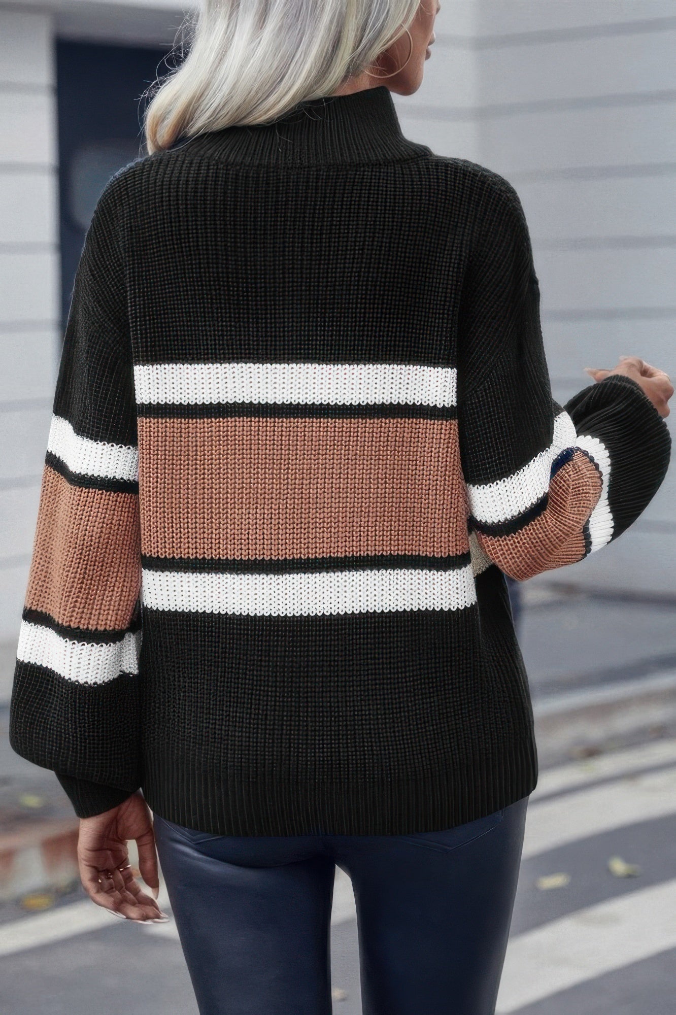 Half Zipper Strip Knit Loose Fit Sweater - Tigbul's Variety Fashion Shop