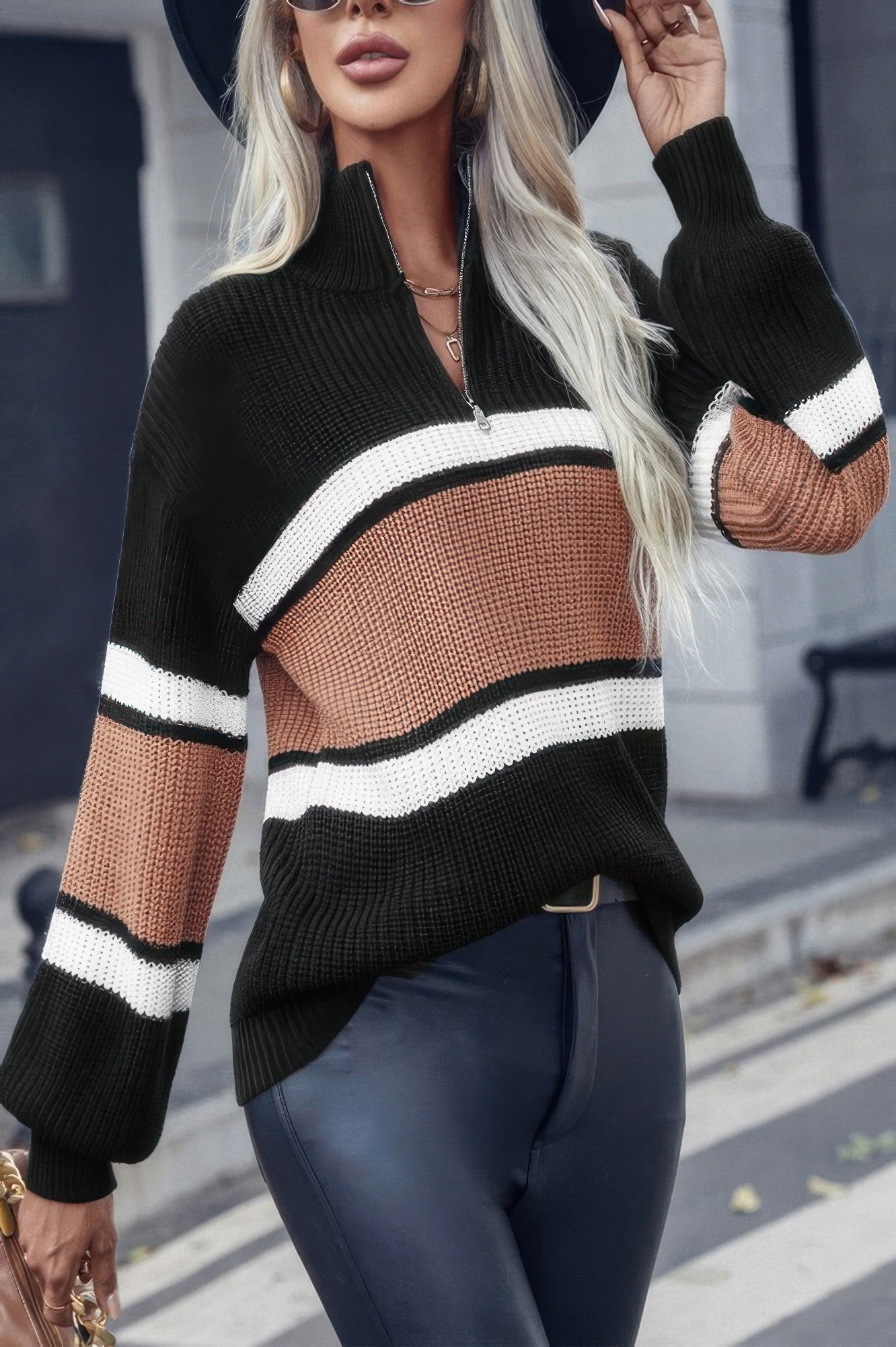 Half Zipper Strip Knit Loose Fit Sweater - Tigbul's Variety Fashion Shop