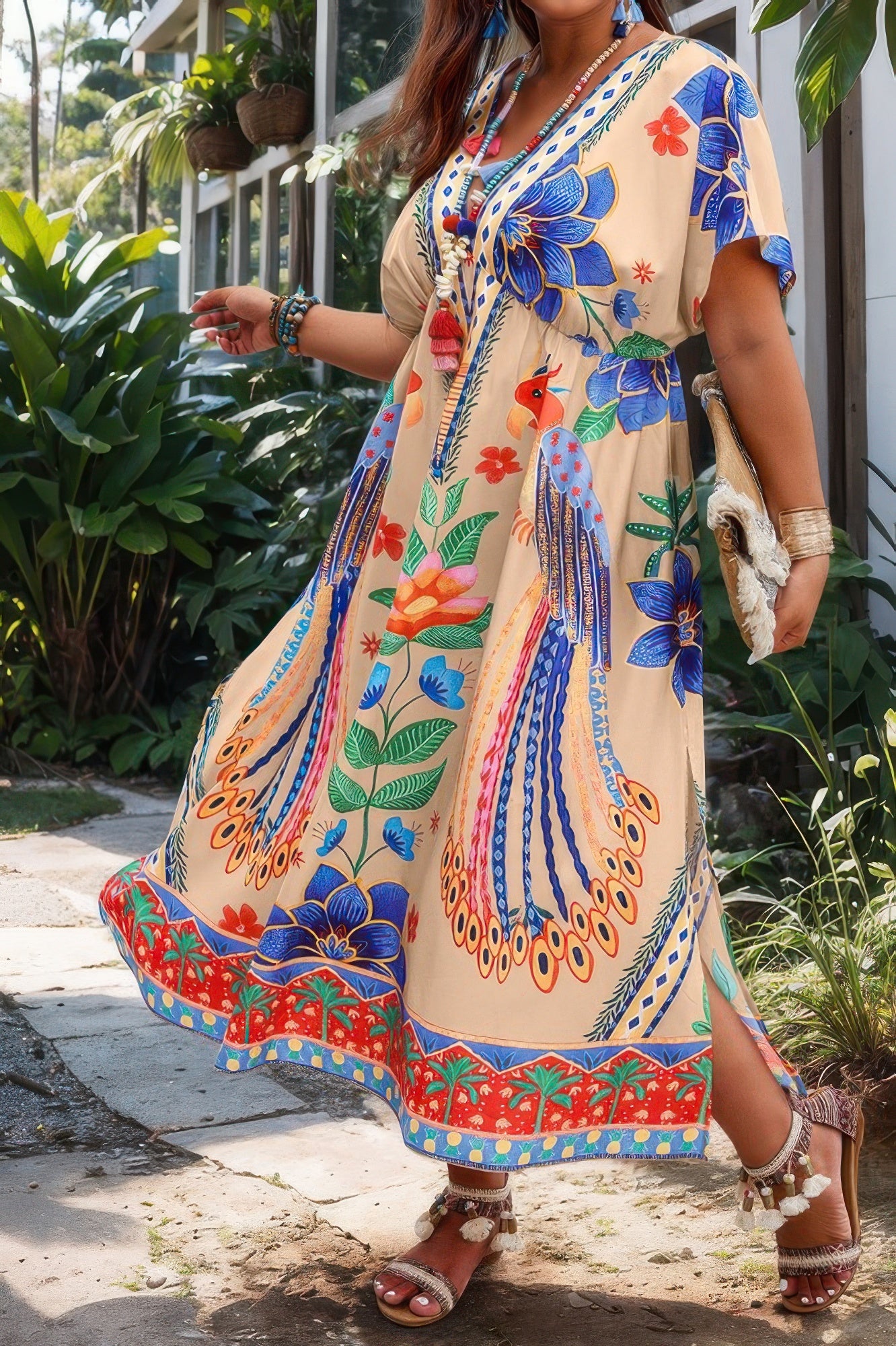 Plus Deep V Neck Allover Print High Waist Dress - Tigbul's Variety Fashion Shop
