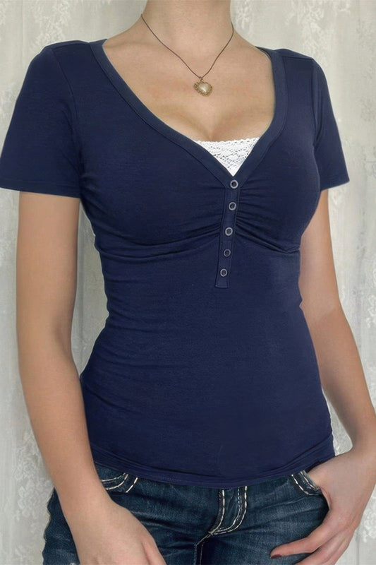 V Neck Solid Lace Splicing Button Fitted Shirt - Tigbul's Variety Fashion Shop