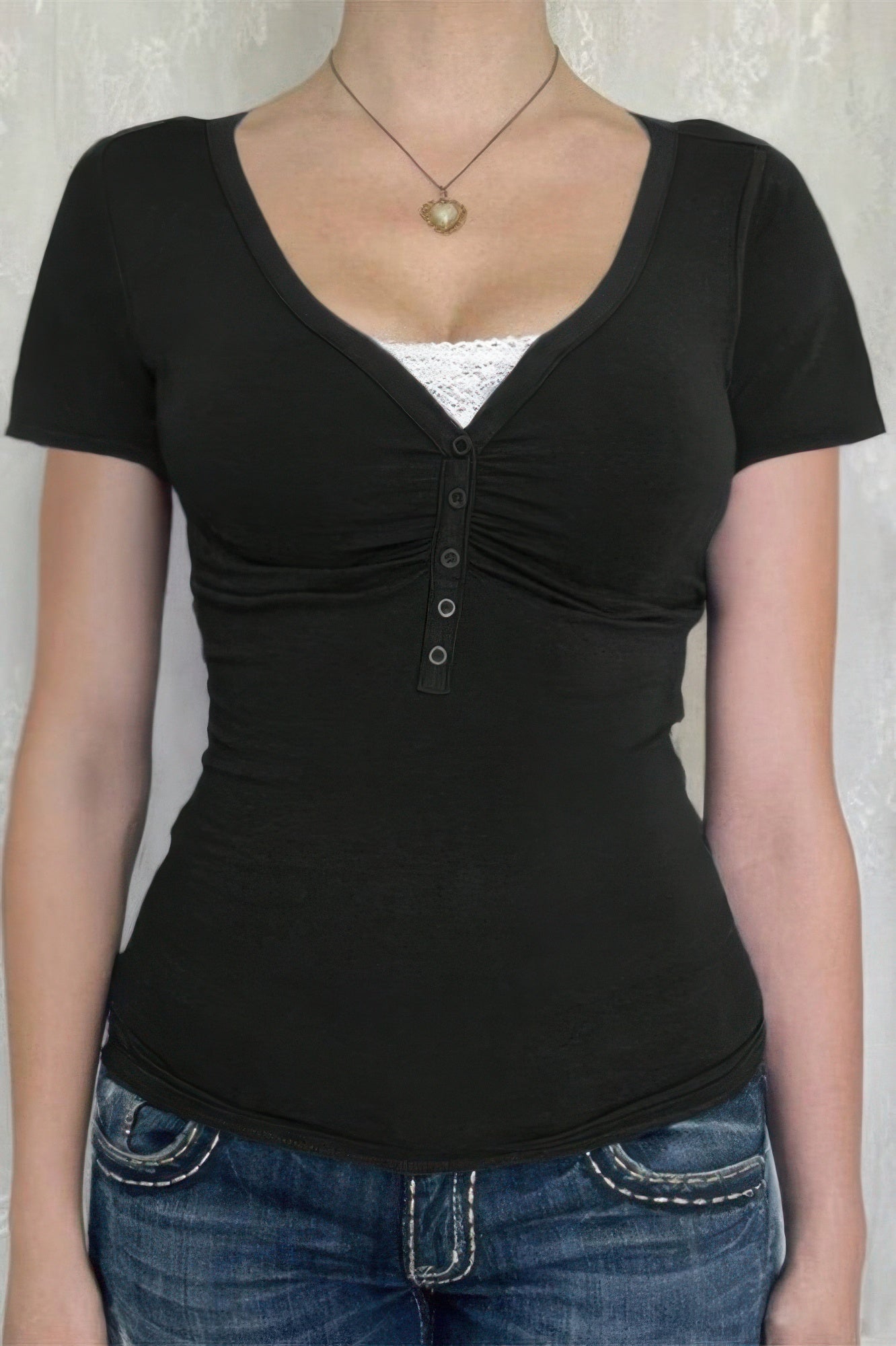 V Neck Solid Lace Splicing Button Fitted Shirt - Tigbul's Variety Fashion Shop