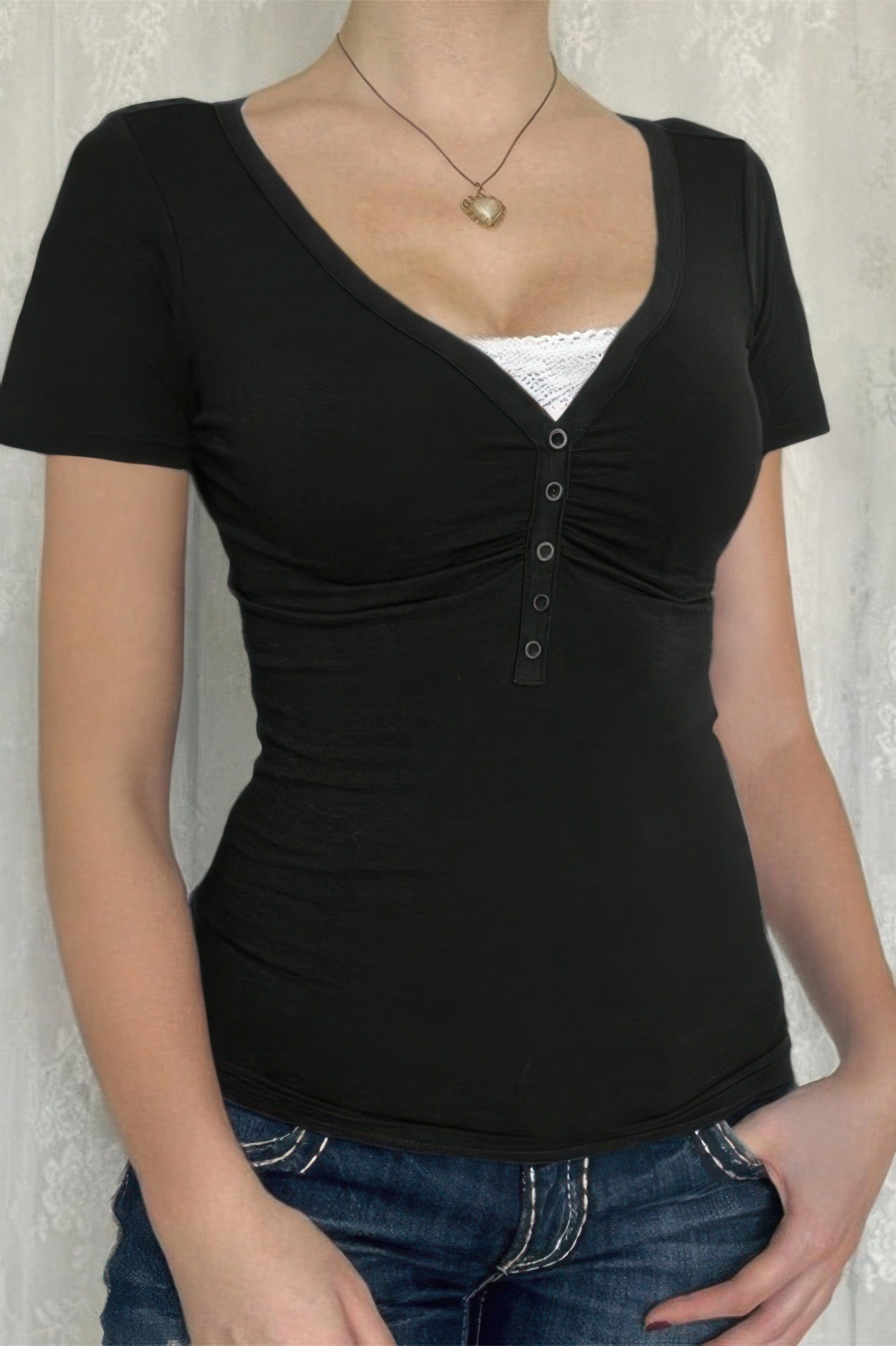 V Neck Solid Lace Splicing Button Fitted Shirt - Tigbul's Variety Fashion Shop
