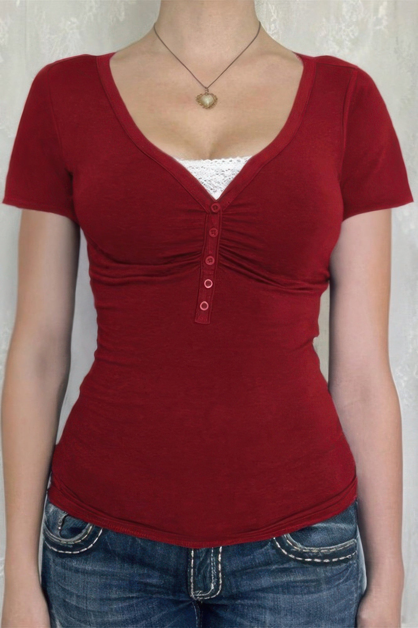V Neck Solid Lace Splicing Button Fitted Shirt - Tigbul's Variety Fashion Shop