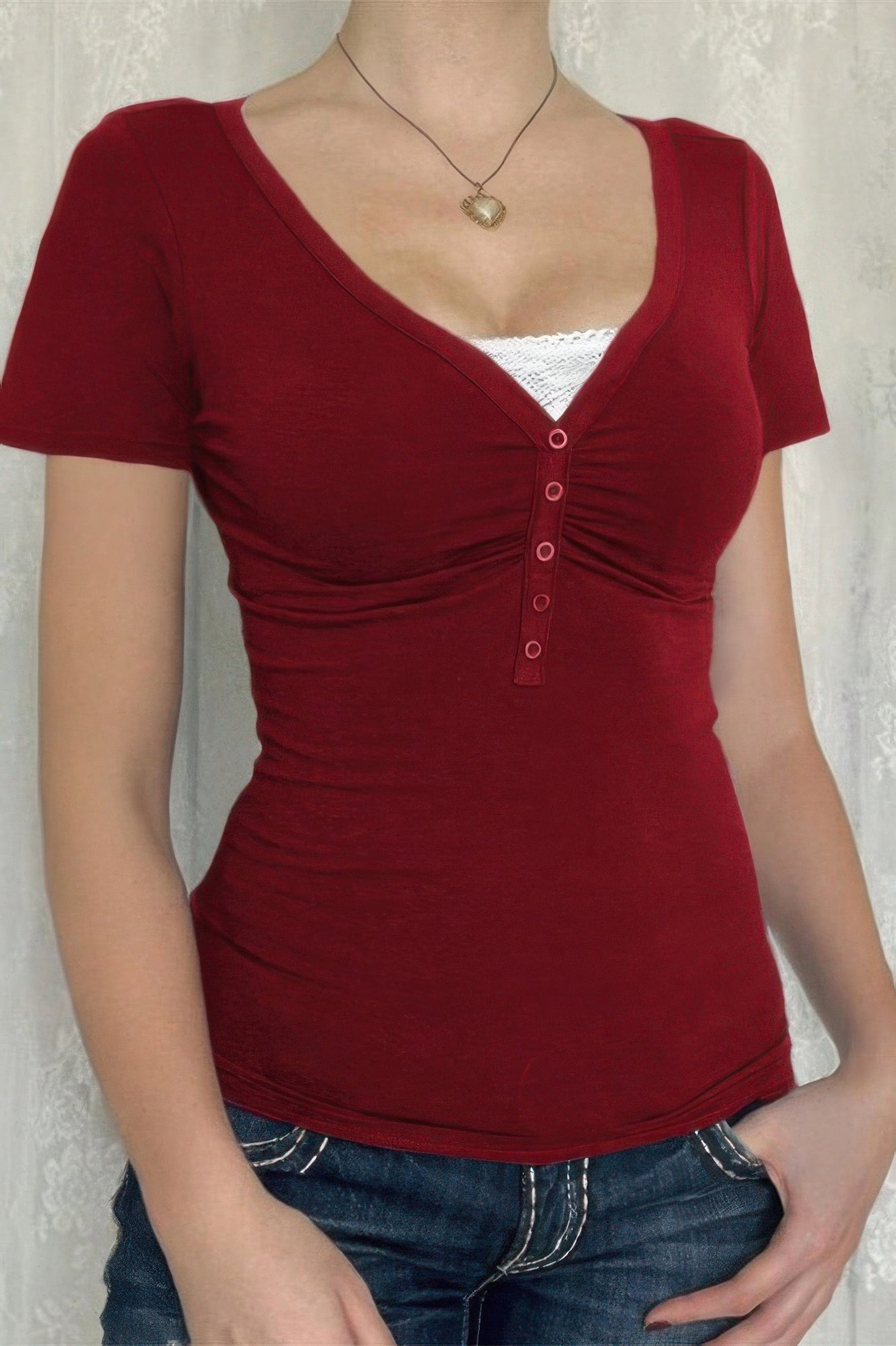 V Neck Solid Lace Splicing Button Fitted Shirt - Tigbul's Variety Fashion Shop