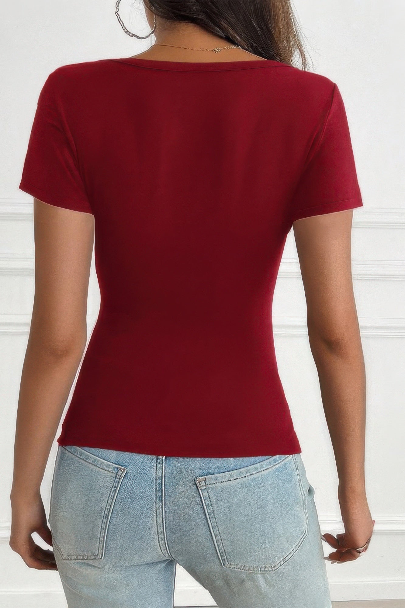 V Neck Solid Lace Splicing Button Fitted Shirt - Tigbul's Variety Fashion Shop