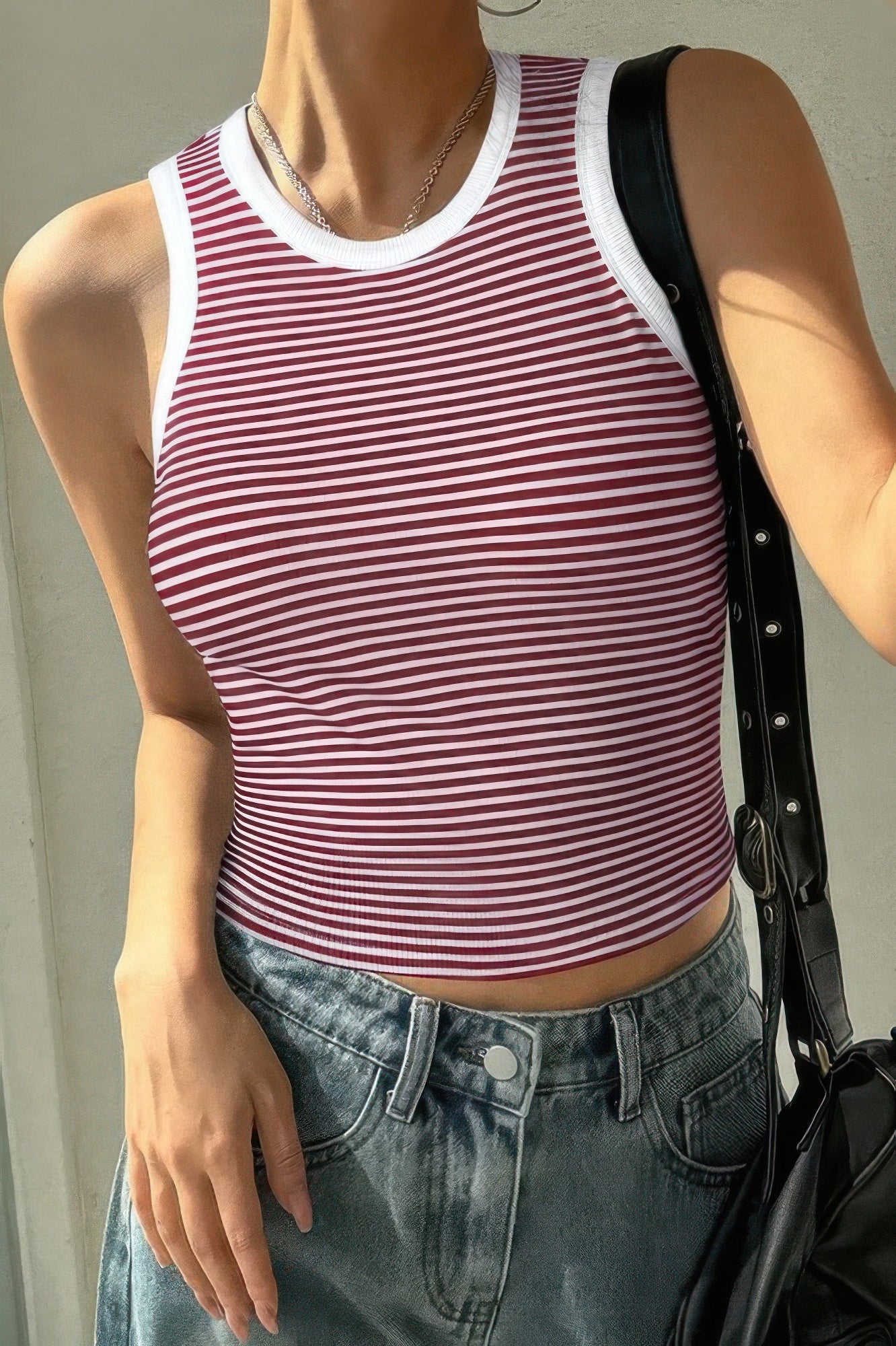 Striped Round Neck White Trim Crop Fitted Tank Top - Tigbul's Variety Fashion Shop
