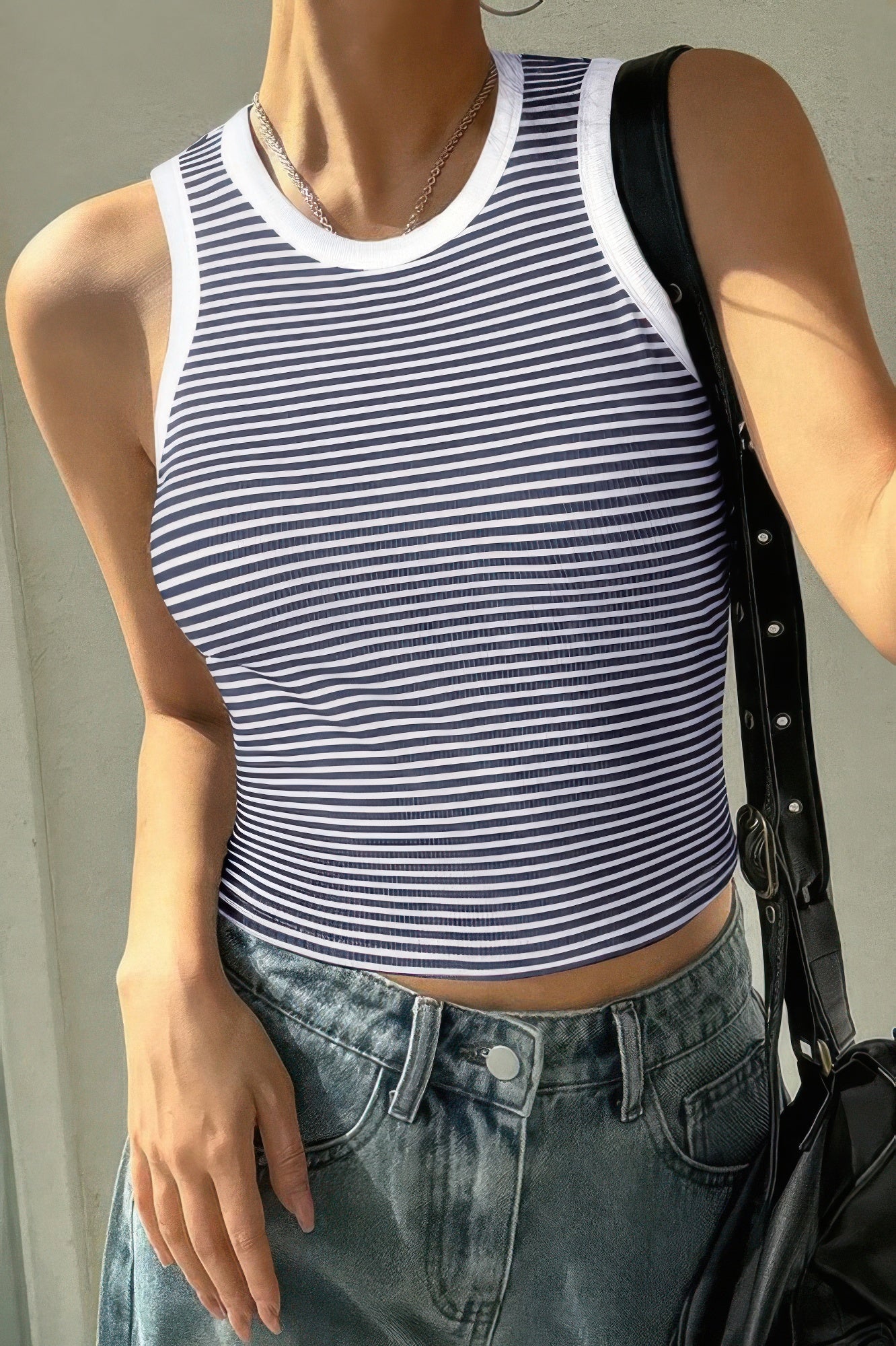 Striped Round Neck White Trim Crop Fitted Tank Top - Tigbul's Variety Fashion Shop