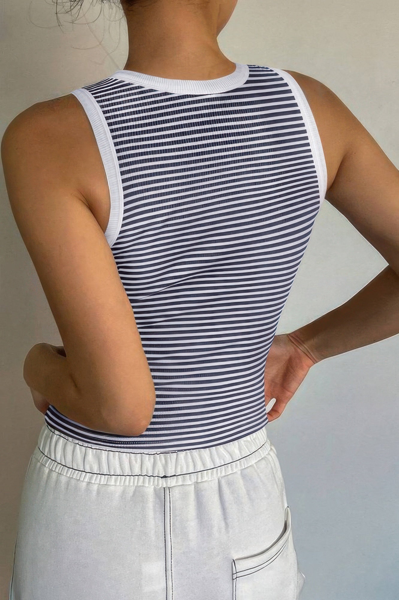 Striped Round Neck White Trim Crop Fitted Tank Top - Tigbul's Variety Fashion Shop