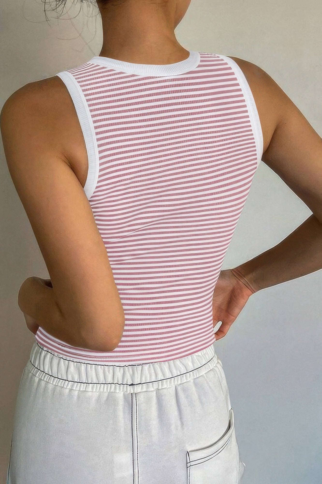 Striped Round Neck White Trim Crop Fitted Tank Top - Tigbul's Variety Fashion Shop