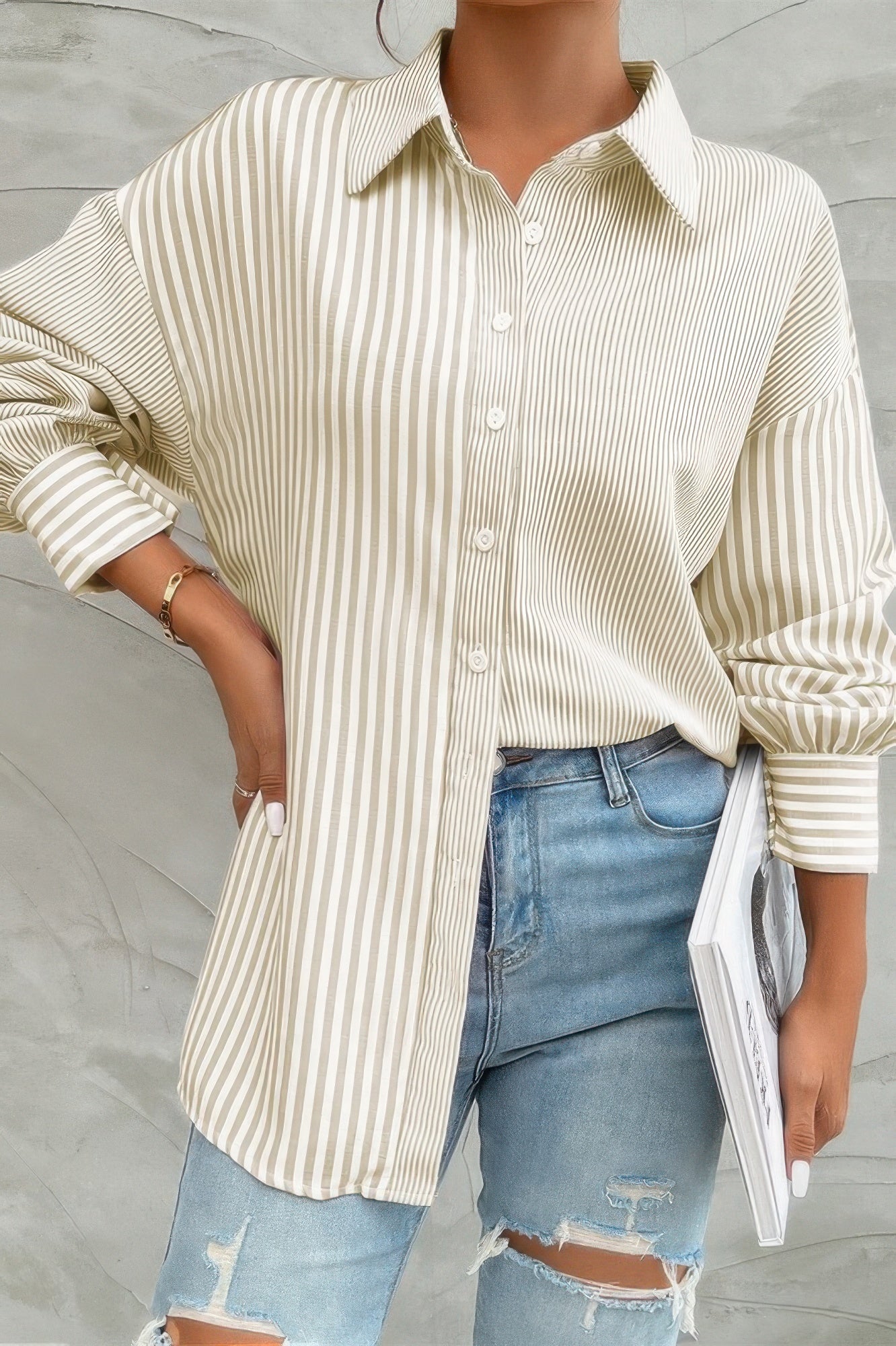 Stripe Print Button Down Long Sleeve Collar Shirt - Tigbul's Variety Fashion Shop
