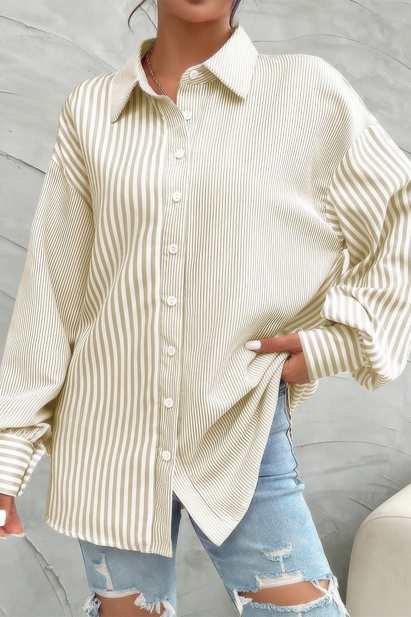Stripe Print Button Down Long Sleeve Collar Shirt - Tigbul's Variety Fashion Shop
