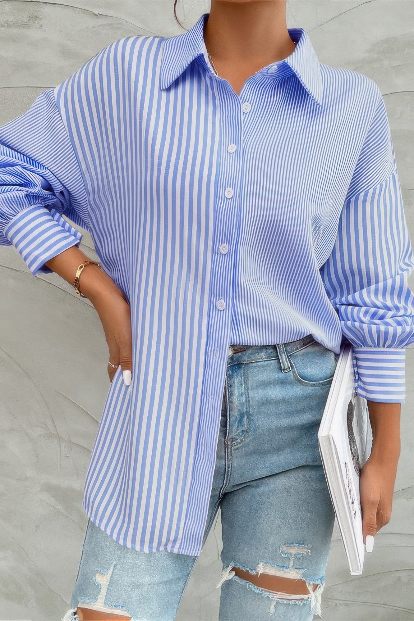 Stripe Print Button Down Long Sleeve Collar Shirt - Tigbul's Variety Fashion Shop