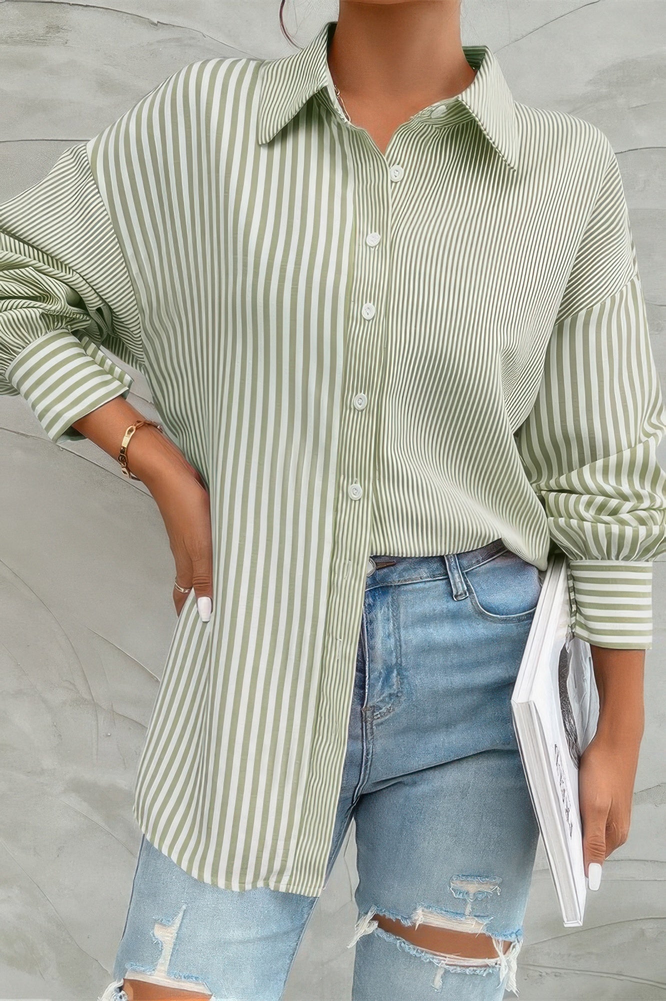 Stripe Print Button Down Long Sleeve Collar Shirt - Tigbul's Variety Fashion Shop