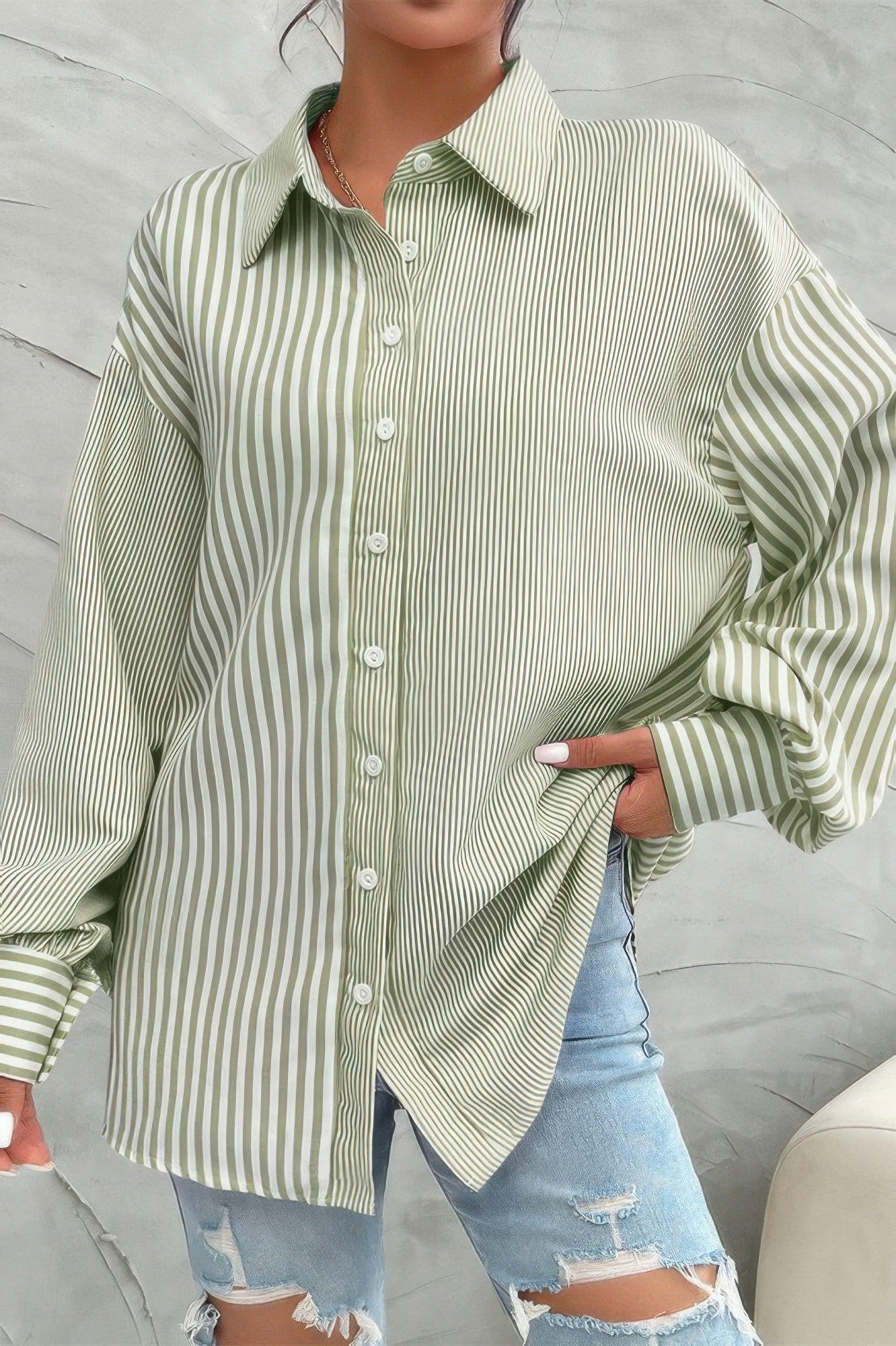 Stripe Print Button Down Long Sleeve Collar Shirt - Tigbul's Variety Fashion Shop