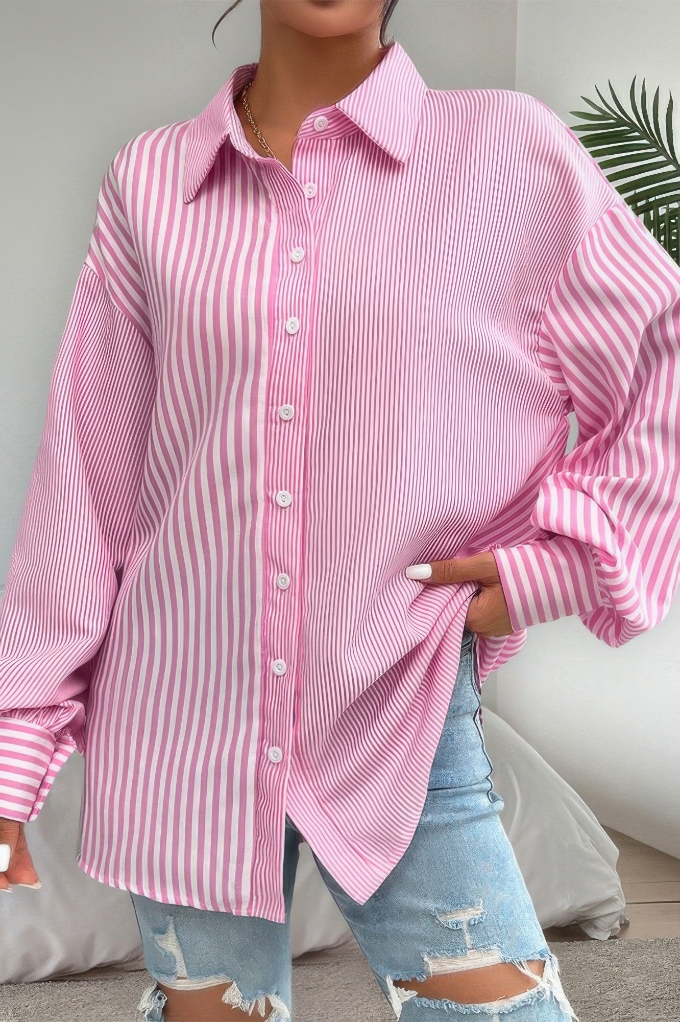 Stripe Print Button Down Long Sleeve Collar Shirt - Tigbul's Variety Fashion Shop