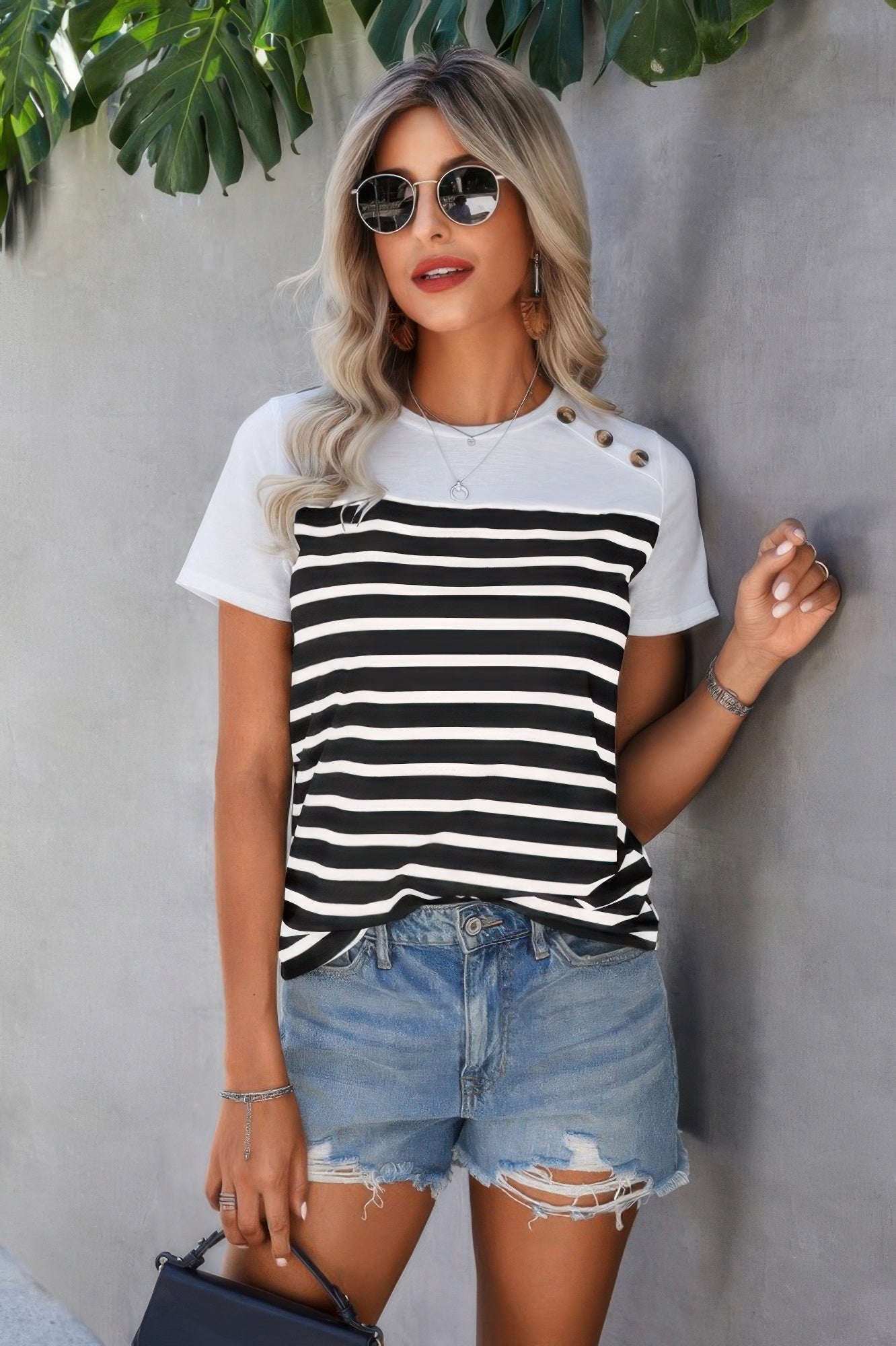 Strip Round Neck Loose Fit Button Tee - Tigbul's Variety Fashion Shop