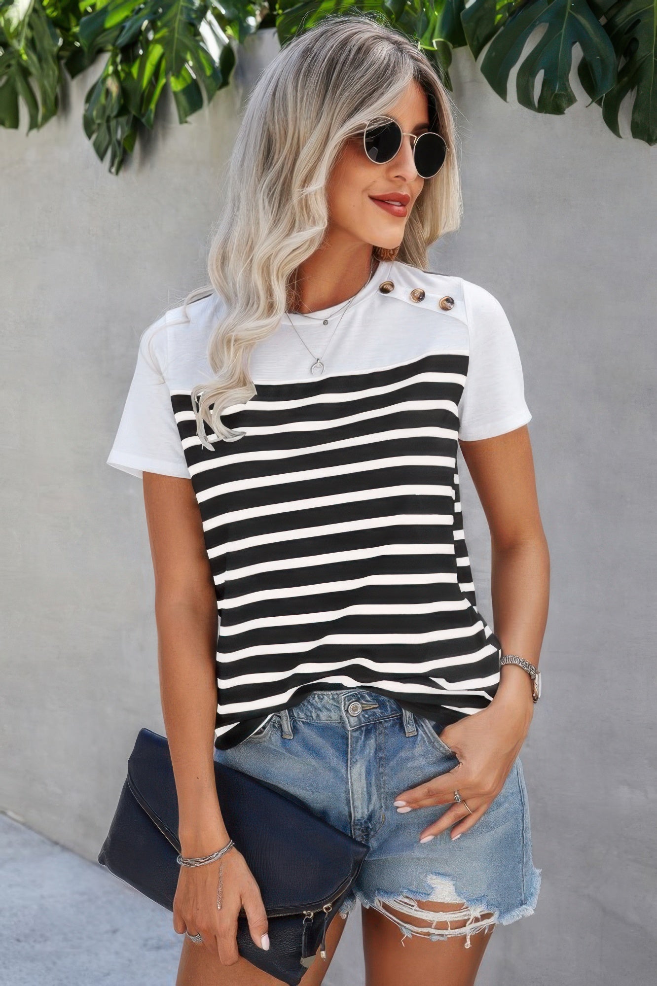 Strip Round Neck Loose Fit Button Tee - Tigbul's Variety Fashion Shop