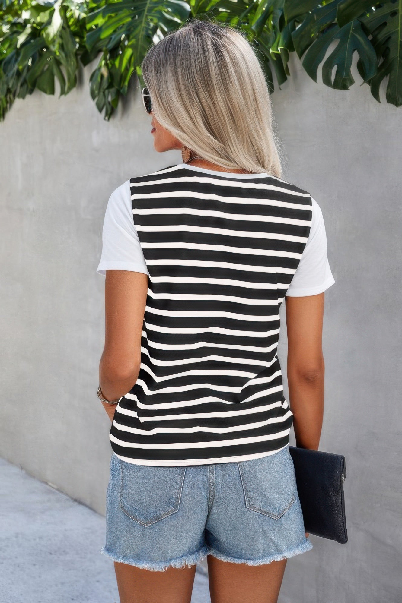 Strip Round Neck Loose Fit Button Tee - Tigbul's Variety Fashion Shop