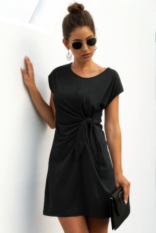 Solid Twist Knot Front Short Sleeve Tee Fit Dress - Tigbul's Variety Fashion Shop