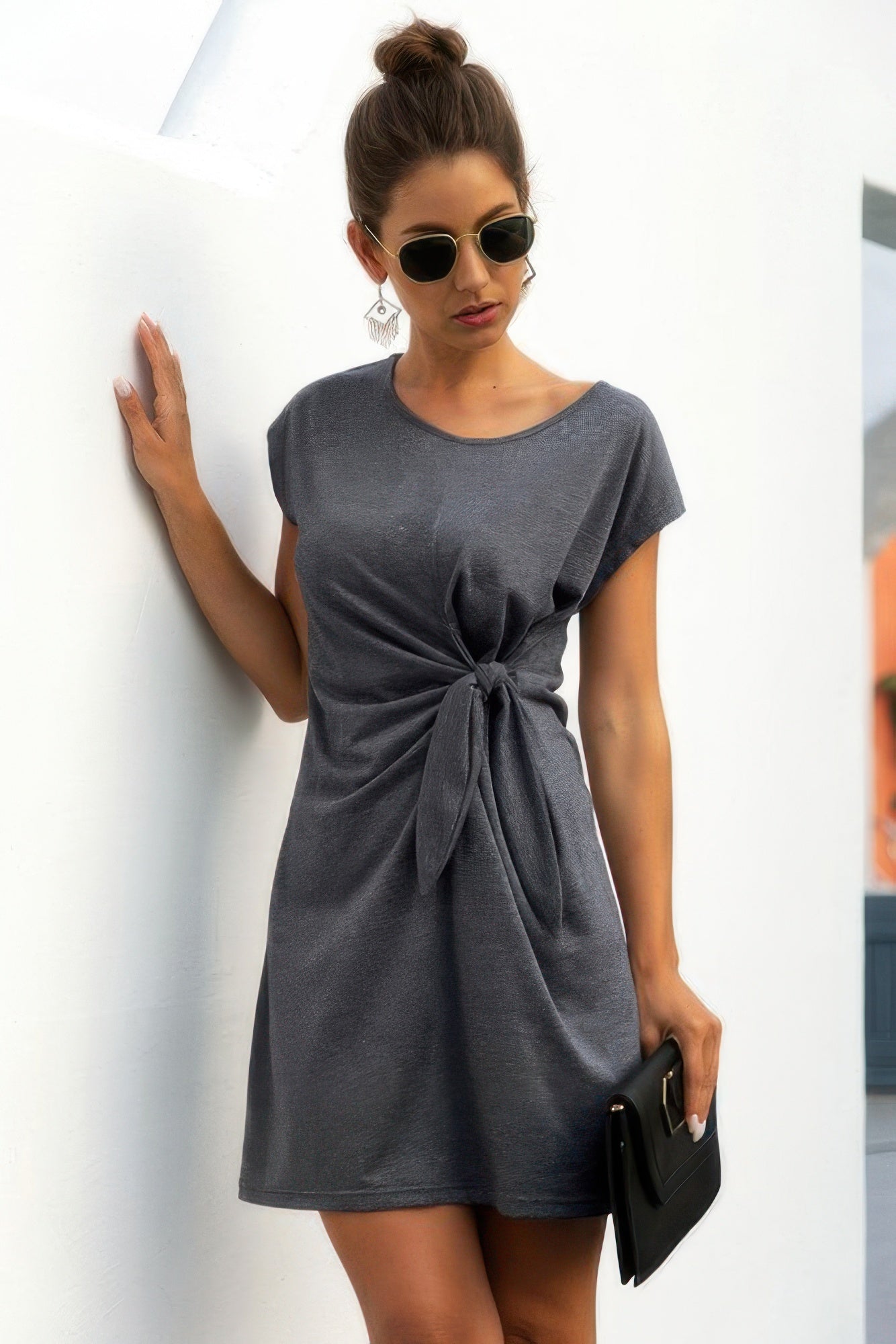 Solid Twist Knot Front Short Sleeve Tee Fit Dress - Tigbul's Variety Fashion Shop