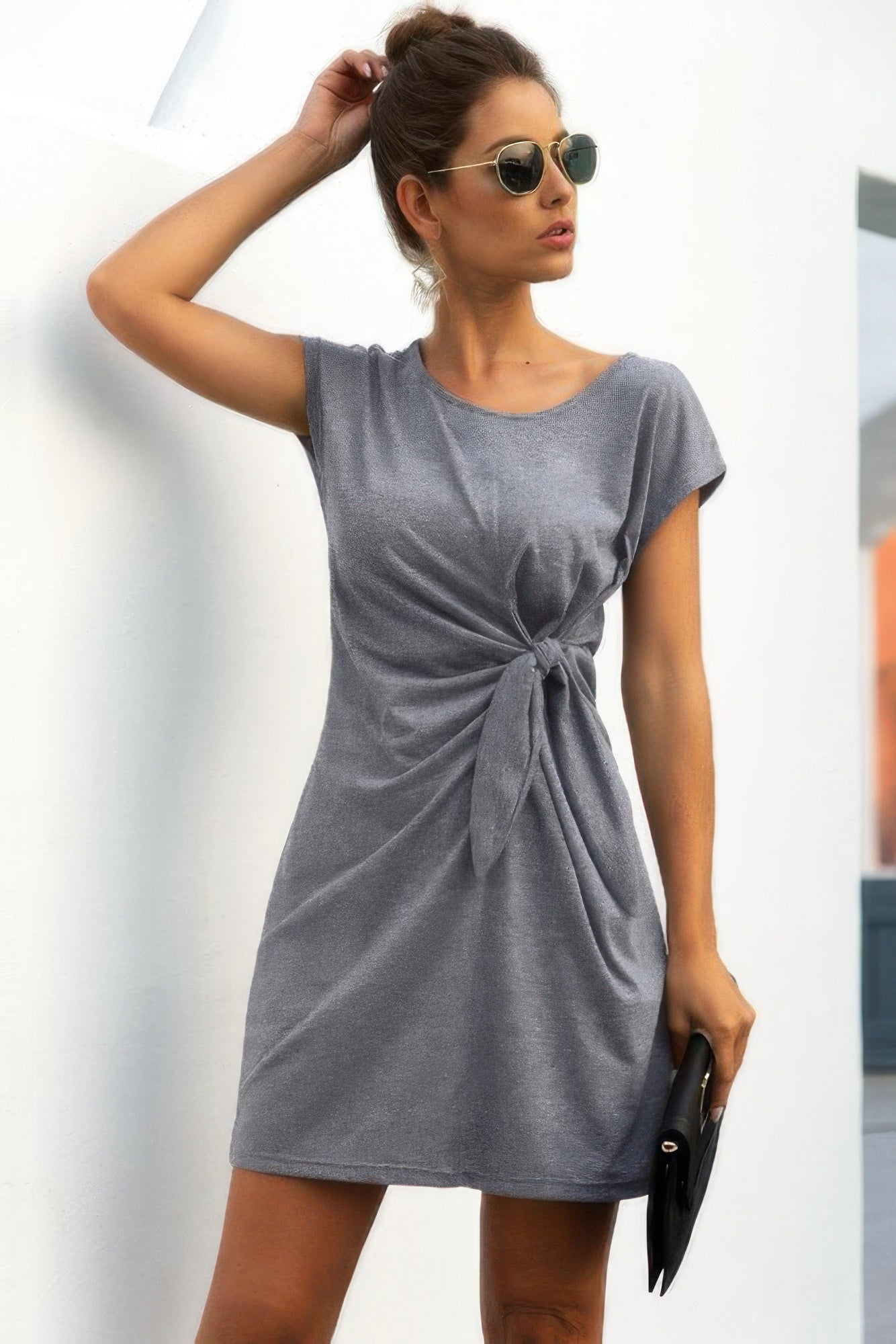 Solid Twist Knot Front Short Sleeve Tee Fit Dress - Tigbul's Variety Fashion Shop
