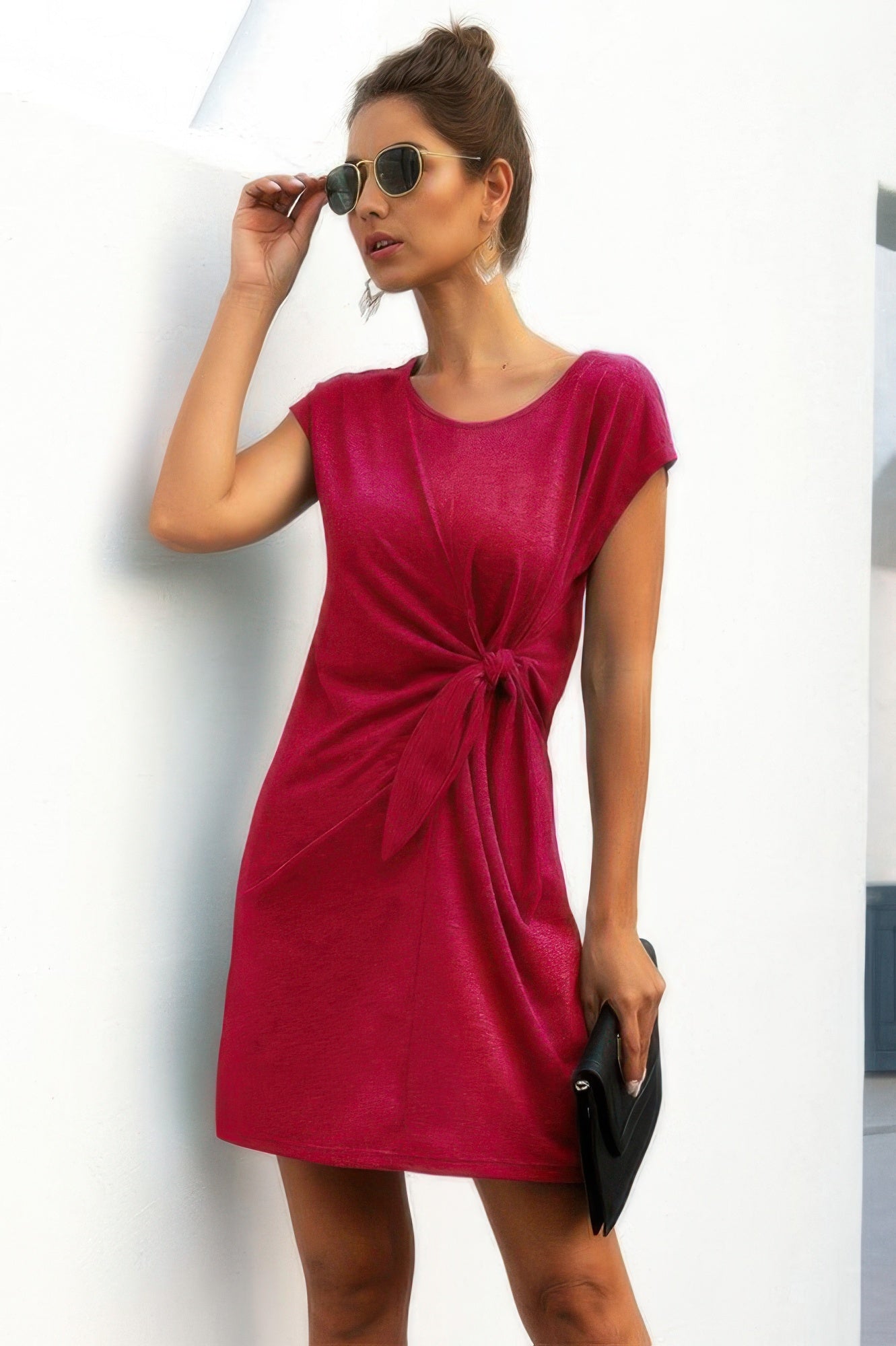Solid Twist Knot Front Short Sleeve Tee Fit Dress - Tigbul's Variety Fashion Shop