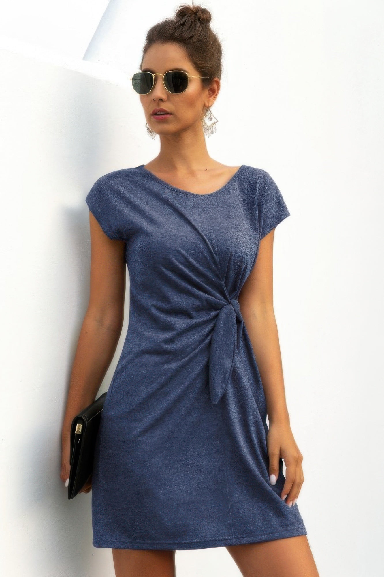 Solid Twist Knot Front Short Sleeve Tee Fit Dress - Tigbul's Variety Fashion Shop