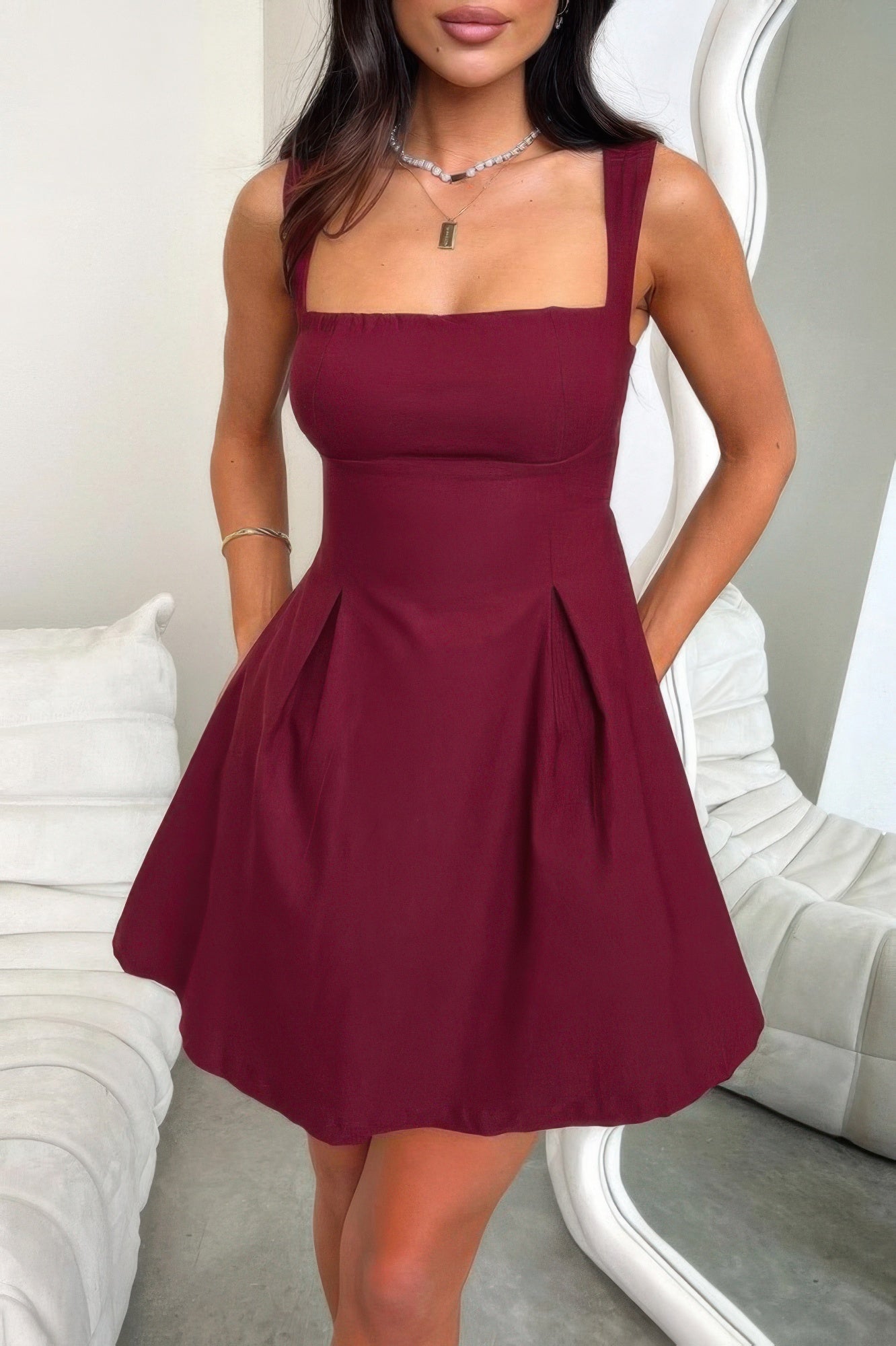 Solid Sleeveless Fit Wide Strap A Line Dress - Tigbul's Variety Fashion Shop