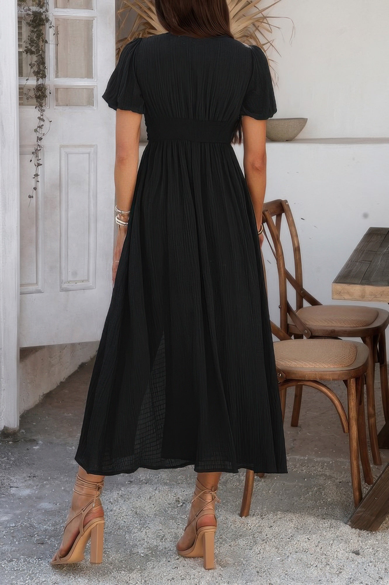 Solid V Neck Puff Sleeves Solid Knot Detail Dress - Tigbul's Variety Fashion Shop
