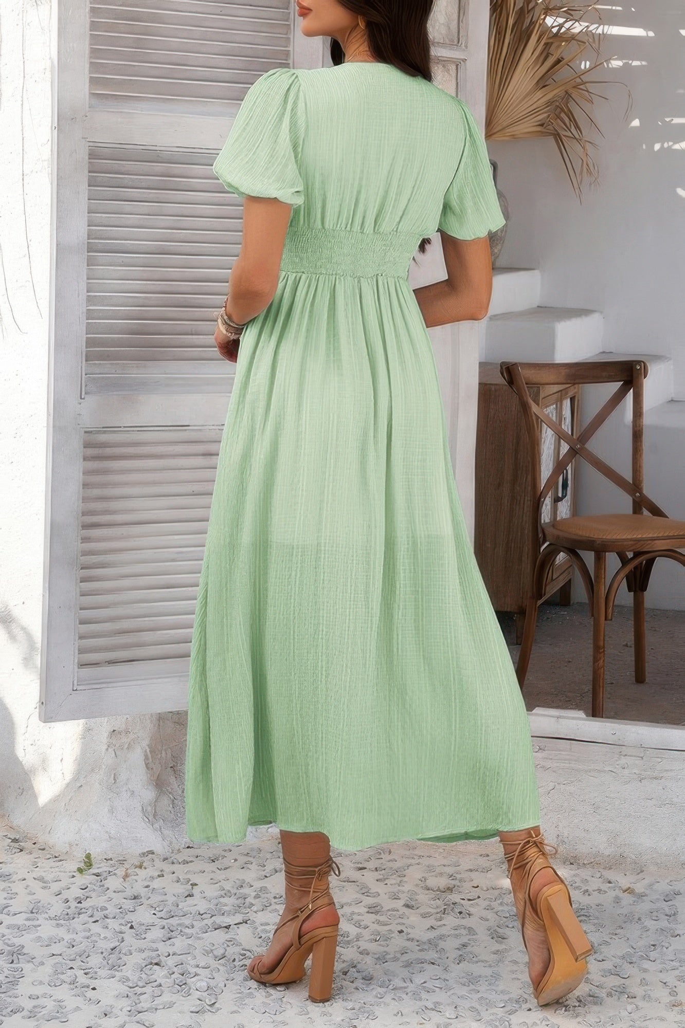 Solid V Neck Puff Sleeves Solid Knot Detail Dress - Tigbul's Variety Fashion Shop