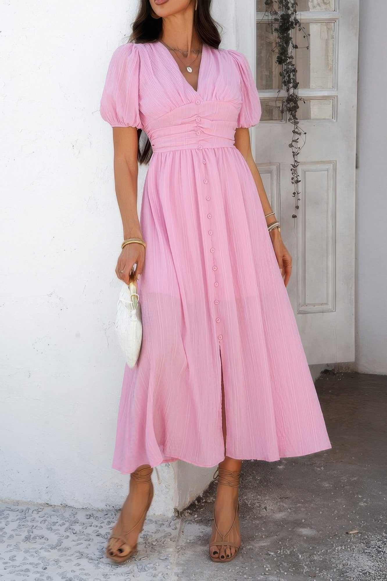 Solid V Neck Puff Sleeves Solid Knot Detail Dress - Tigbul's Variety Fashion Shop