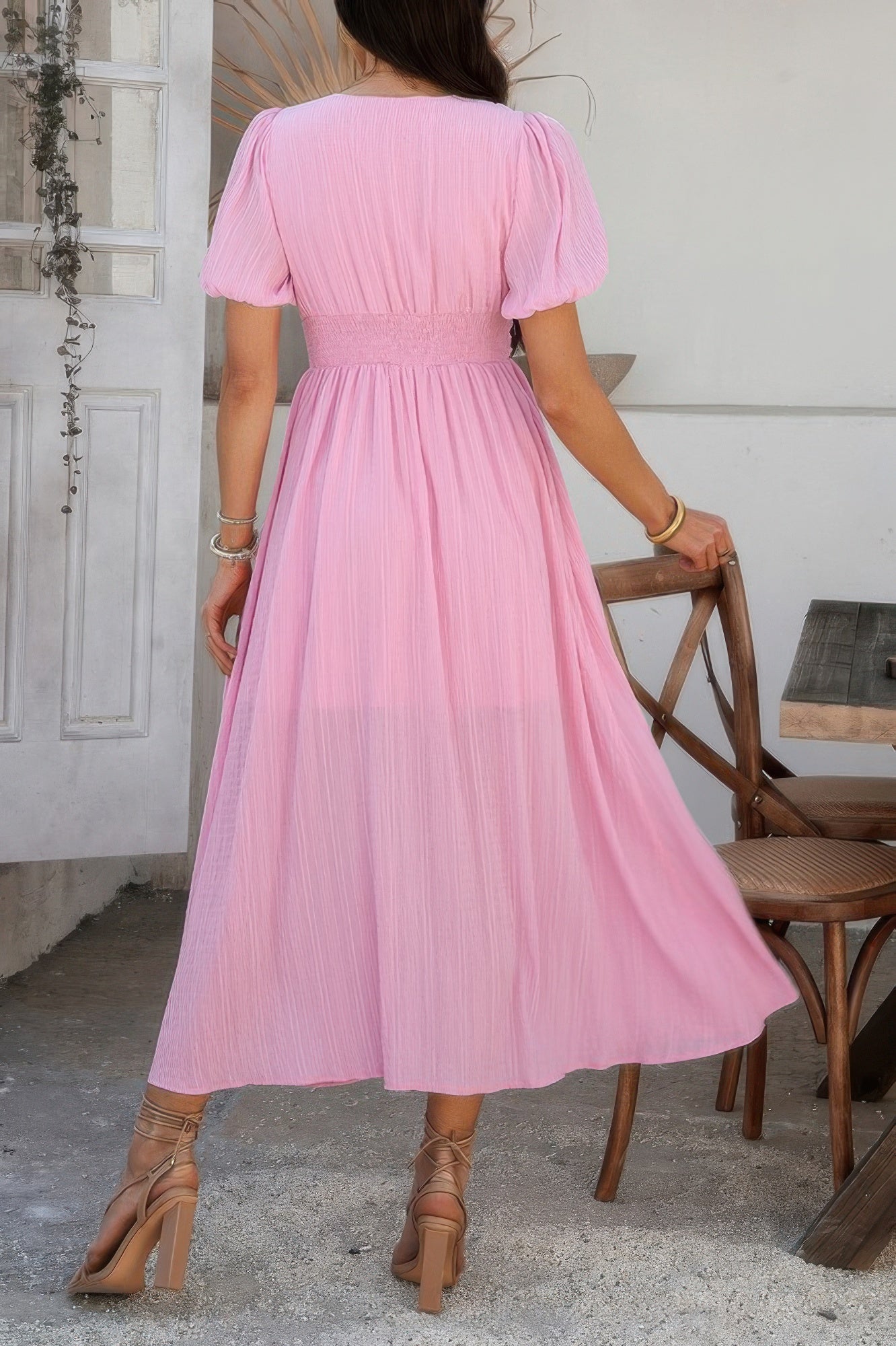 Solid V Neck Puff Sleeves Solid Knot Detail Dress - Tigbul's Variety Fashion Shop